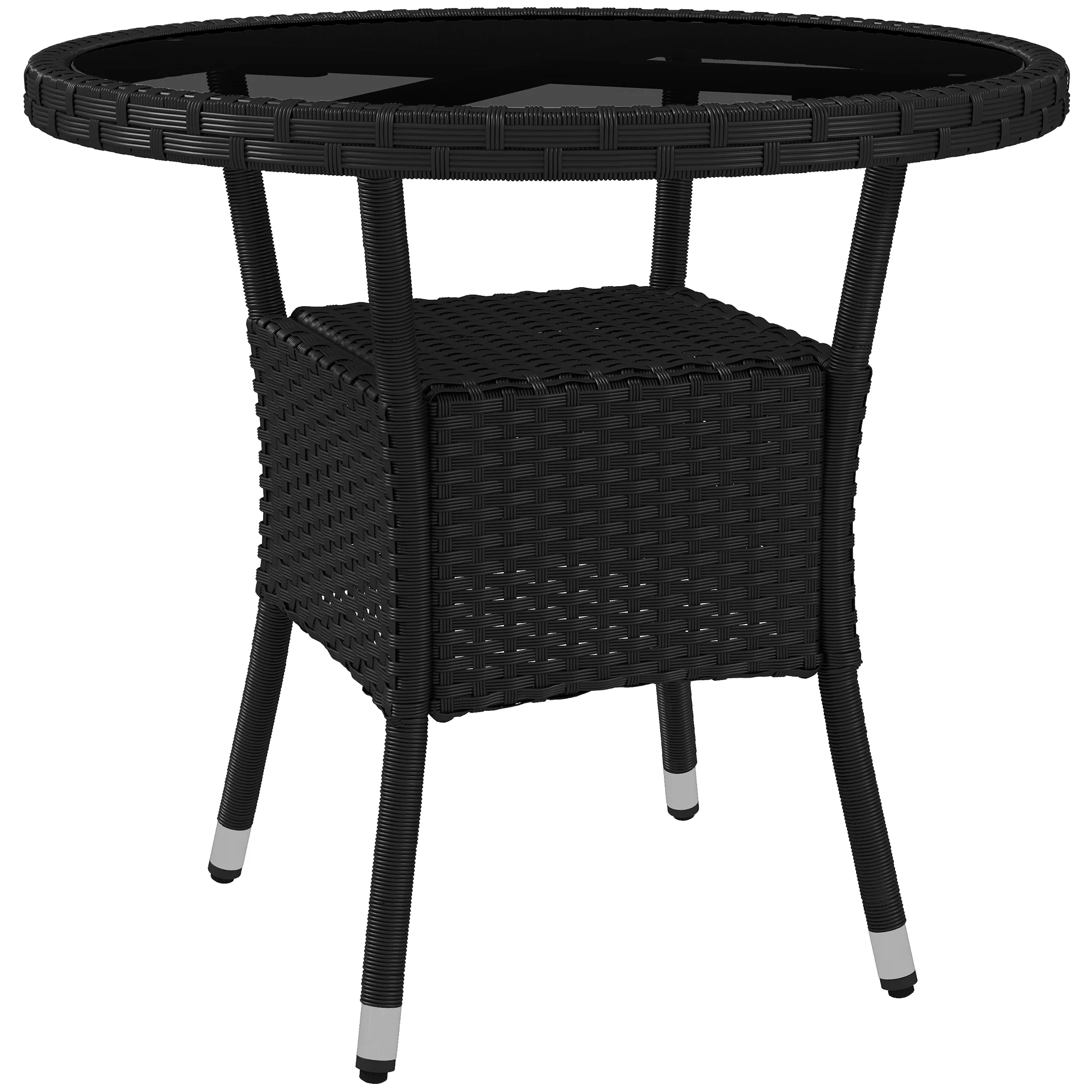 |μ 31.5" Outdoor PE Rattan Wicker Dining Table with Glass Top & 2-Tier Storage Shelf, Black