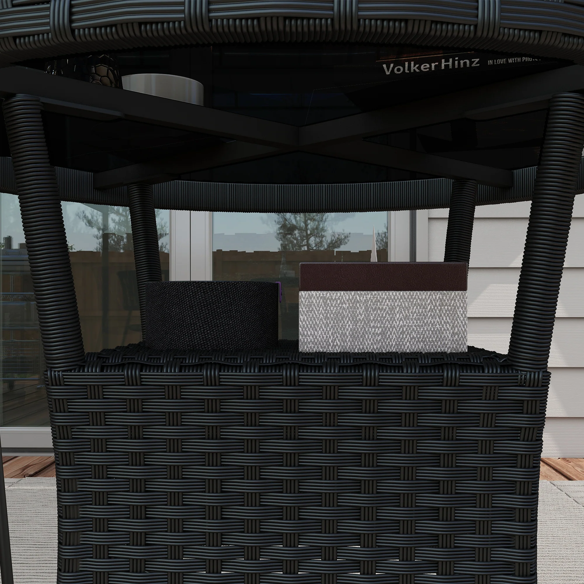 |μ 31.5" Outdoor PE Rattan Wicker Dining Table with Glass Top & 2-Tier Storage Shelf, Black - Image 10