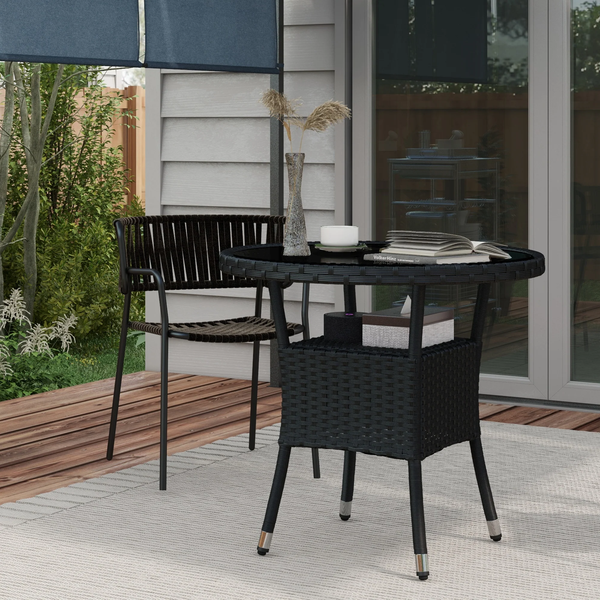 |μ 31.5" Outdoor PE Rattan Wicker Dining Table with Glass Top & 2-Tier Storage Shelf, Black - Image 3