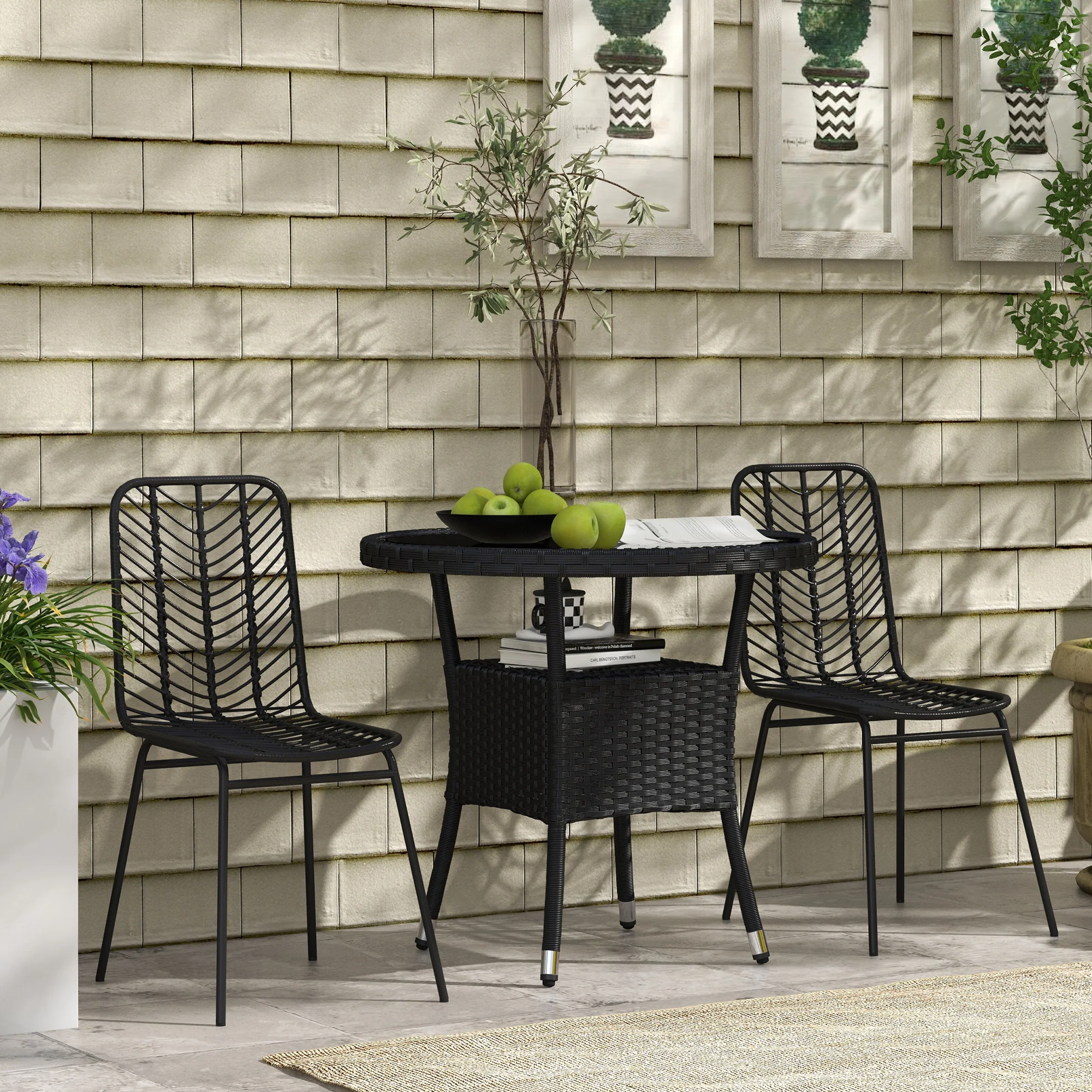 |μ 31.5" Outdoor PE Rattan Wicker Dining Table with Glass Top & 2-Tier Storage Shelf, Black - Image 4