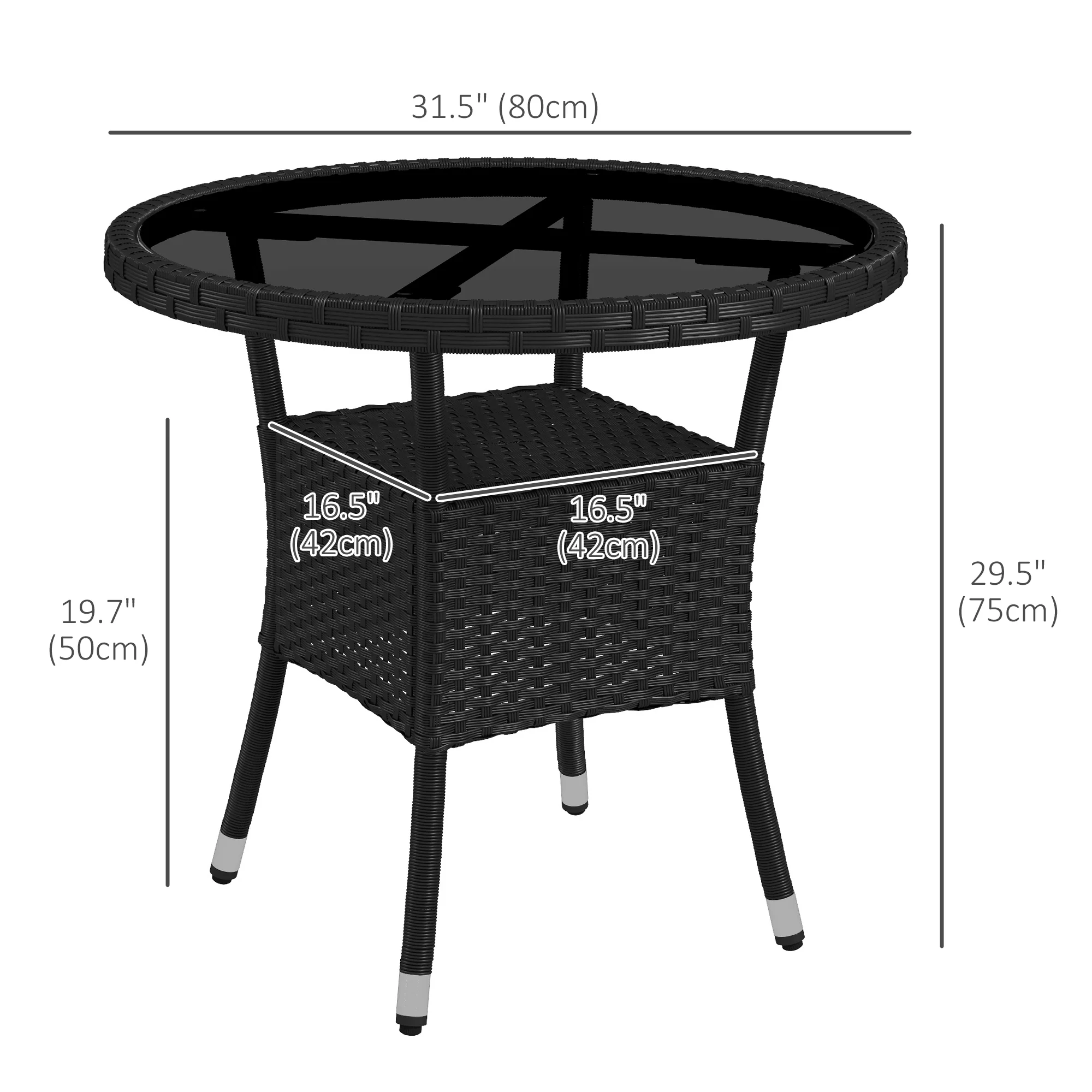 |μ 31.5" Outdoor PE Rattan Wicker Dining Table with Glass Top & 2-Tier Storage Shelf, Black - Image 5