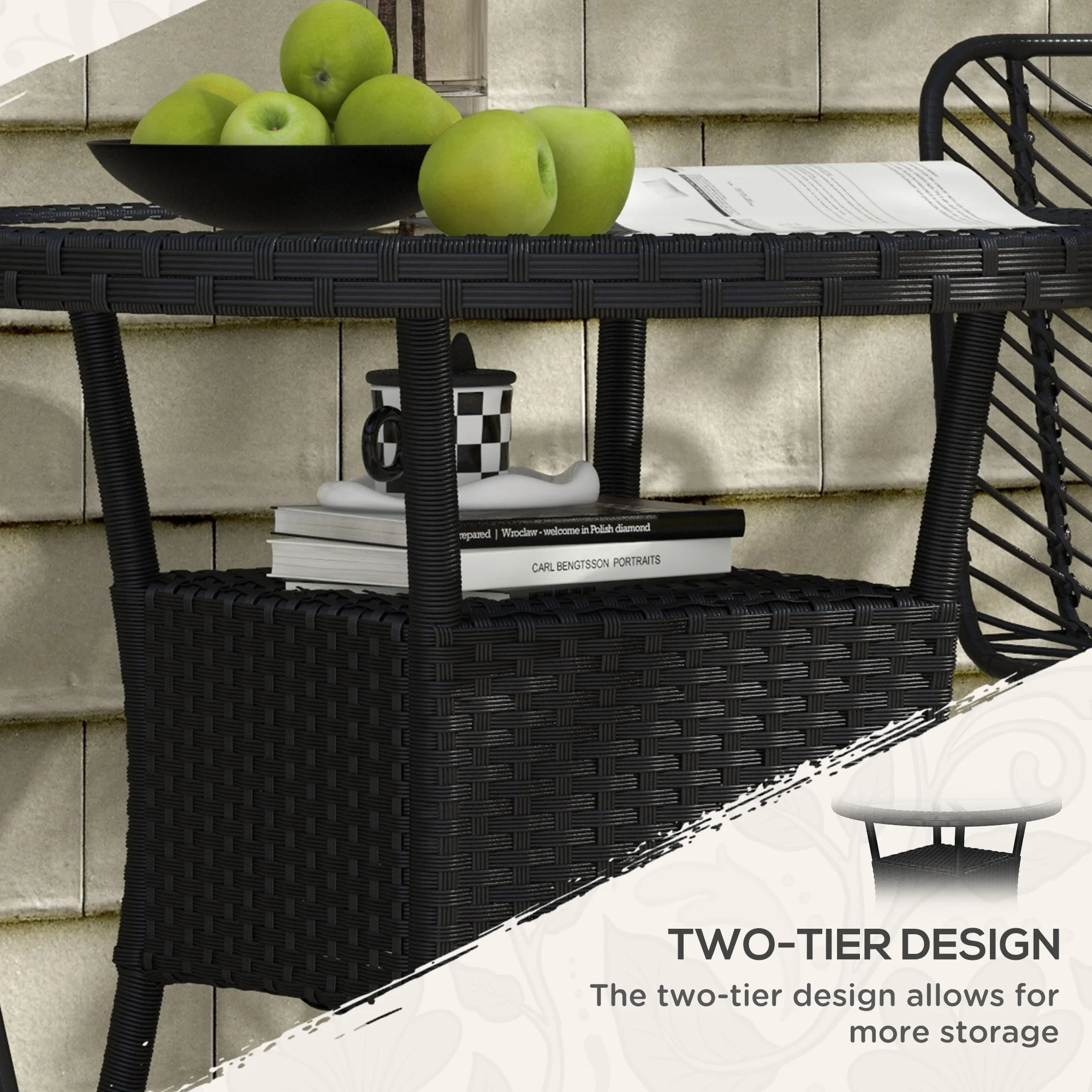 |μ 31.5" Outdoor PE Rattan Wicker Dining Table with Glass Top & 2-Tier Storage Shelf, Black - Image 7