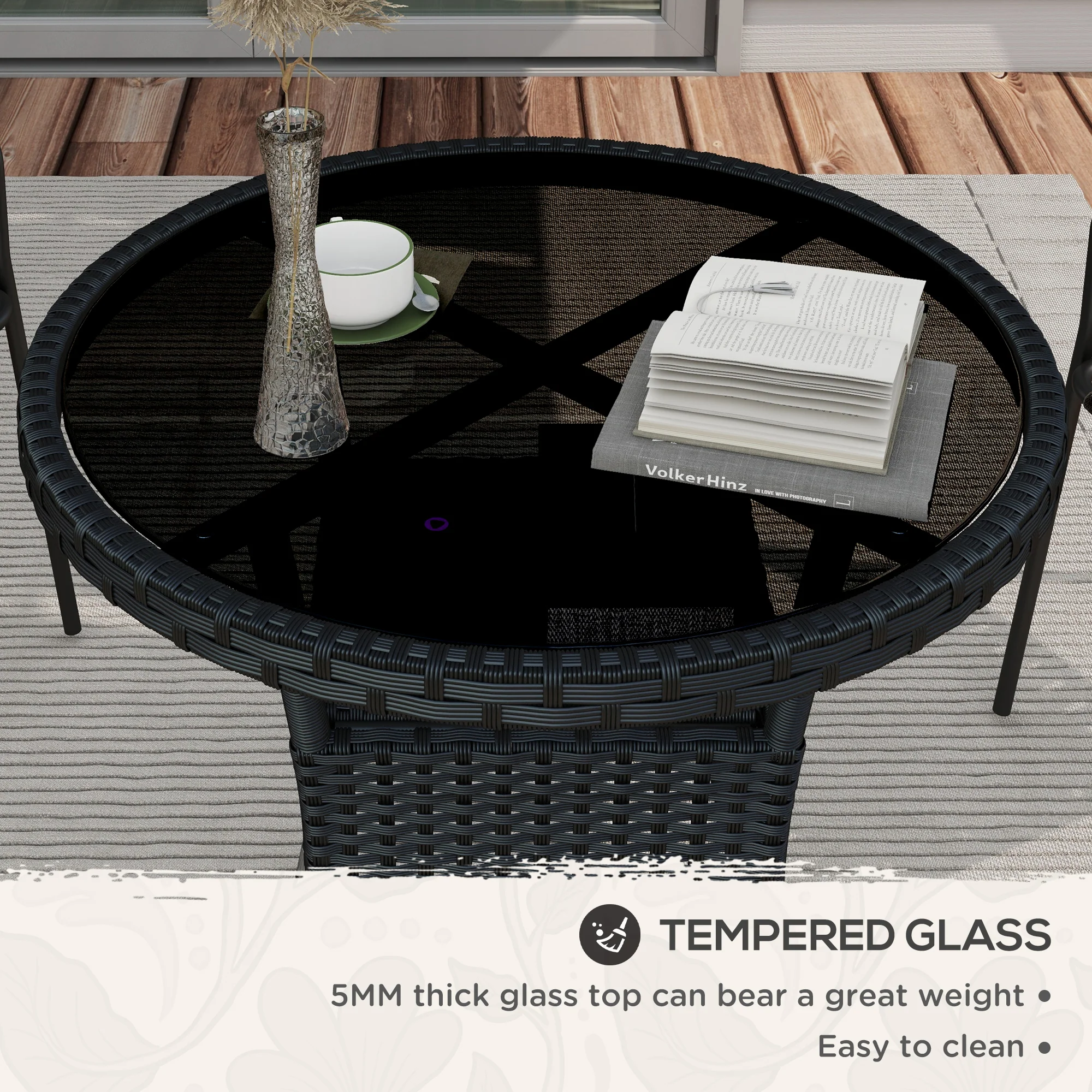|μ 31.5" Outdoor PE Rattan Wicker Dining Table with Glass Top & 2-Tier Storage Shelf, Black - Image 8