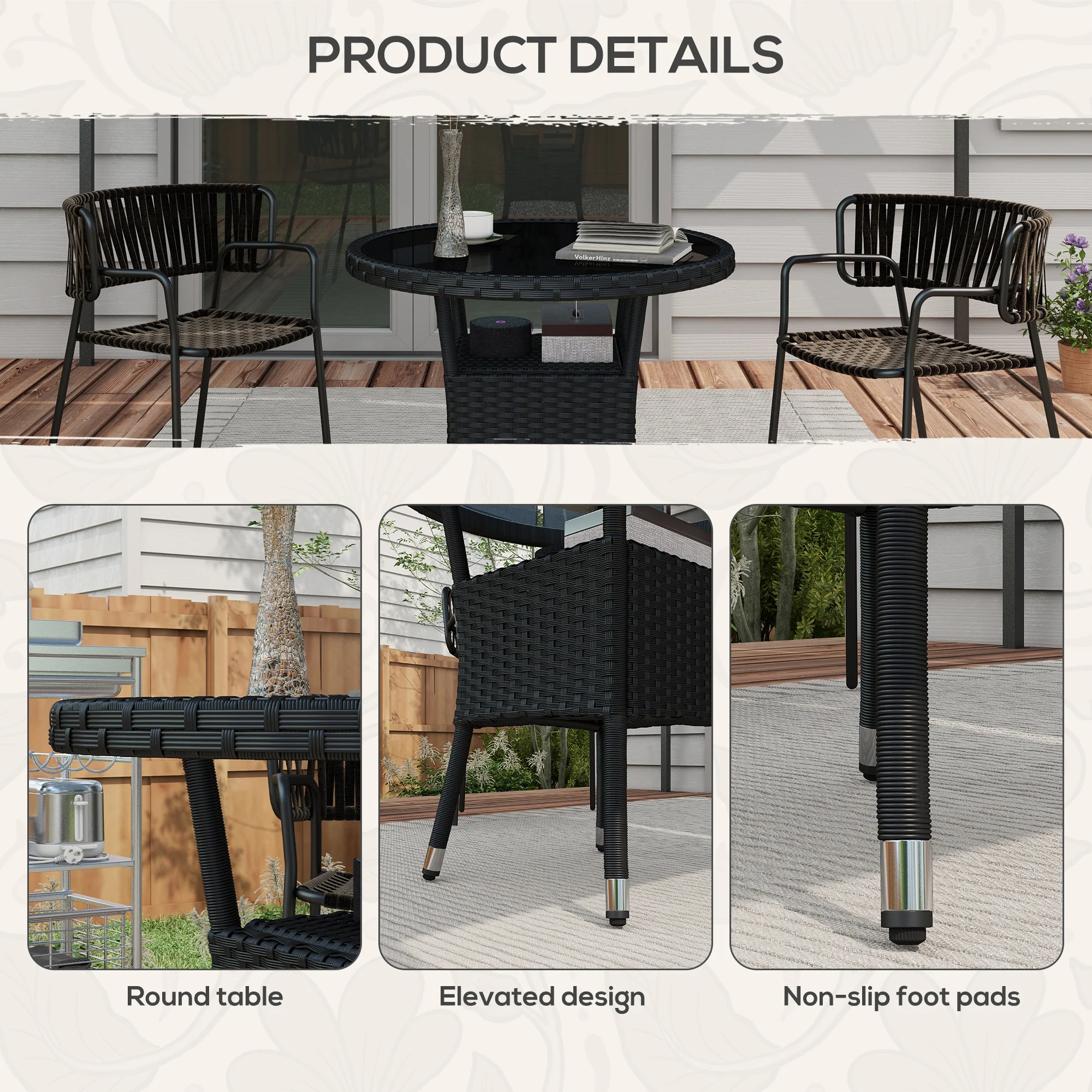 |μ 31.5" Outdoor PE Rattan Wicker Dining Table with Glass Top & 2-Tier Storage Shelf, Black - Image 9