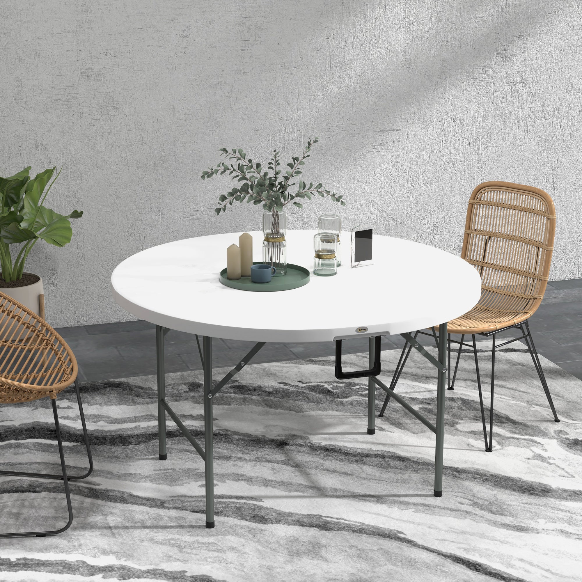 ¦µ48" Folding Patio Table, Outdoor HDPE Picnic Round Table for 6 with Metal Frame, White - Image 3