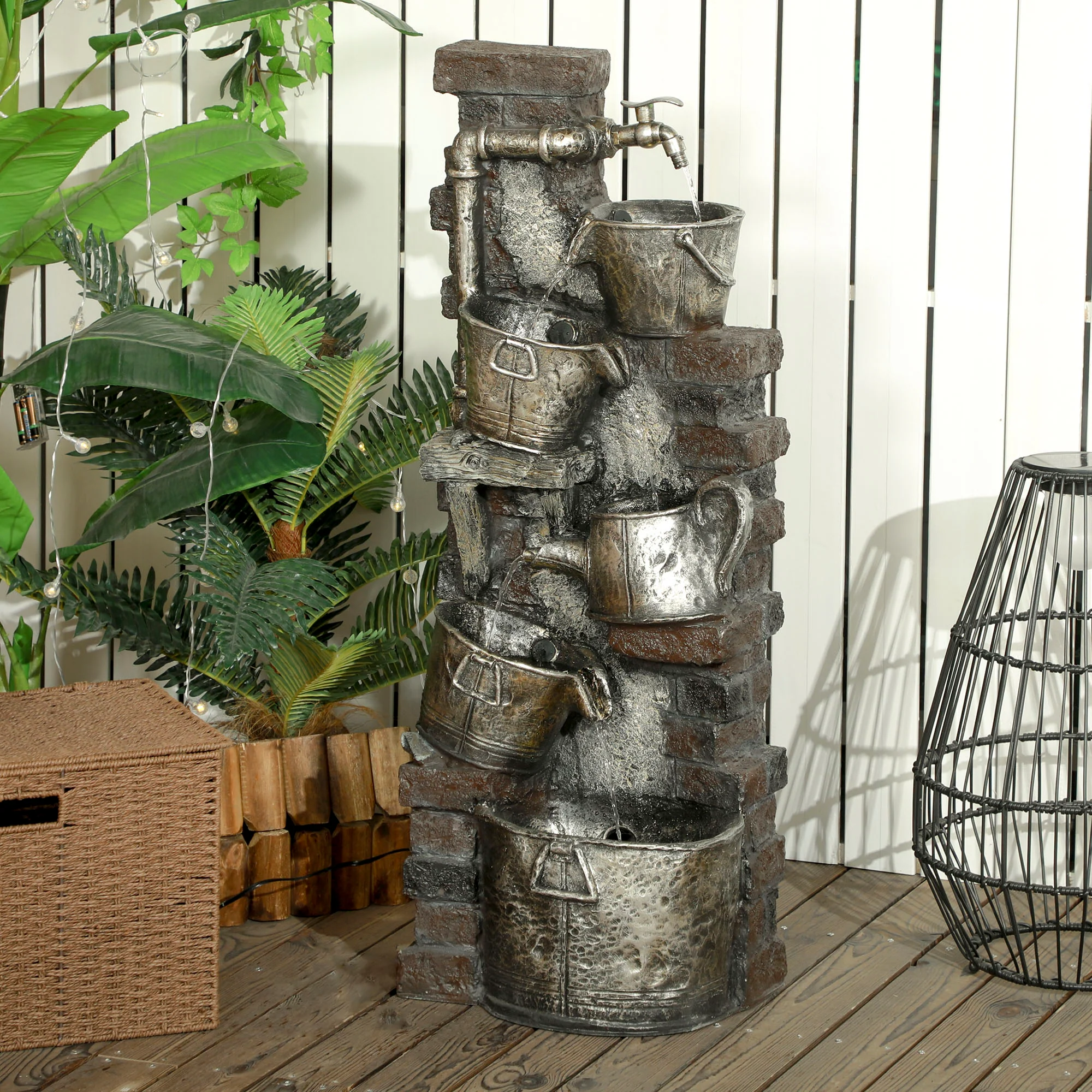 39.4" Faucet & Barrel Water Fountain, 5-Tier Cascading Waterfall Fountain with LED Lights - Image 3