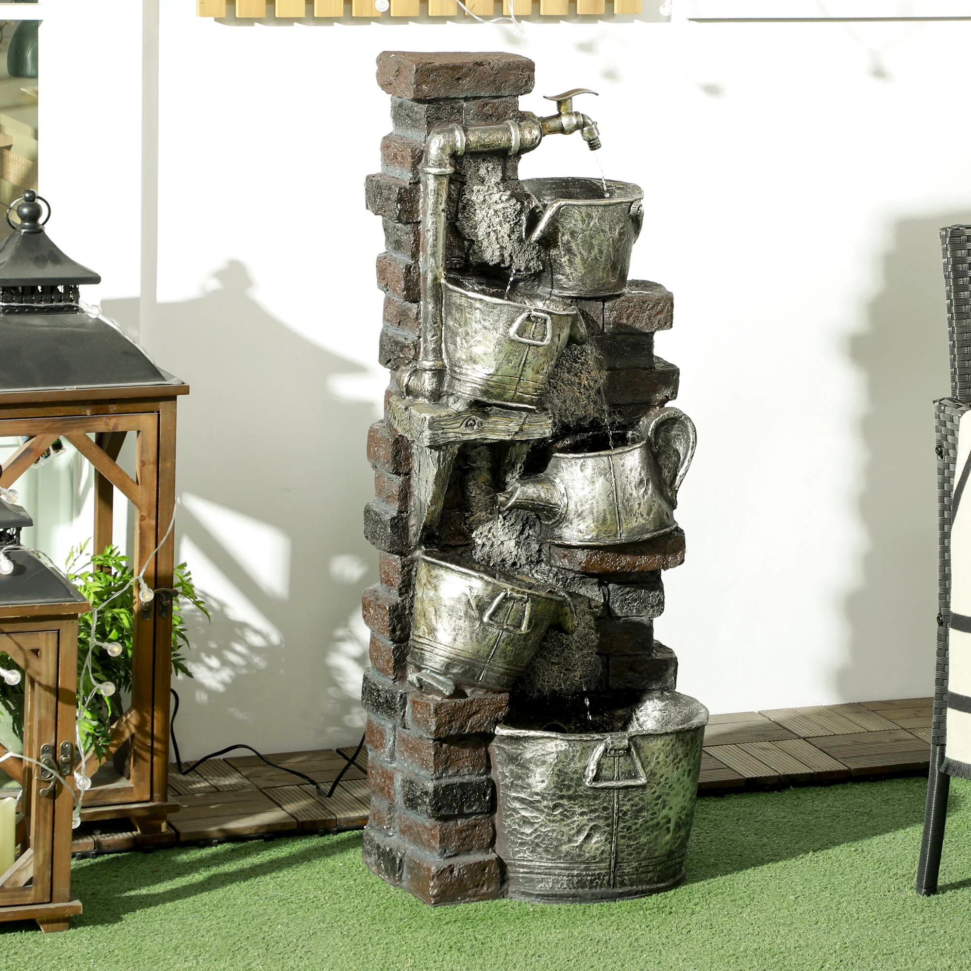 39.4" Faucet & Barrel Water Fountain, 5-Tier Cascading Waterfall Fountain with LED Lights - Image 4
