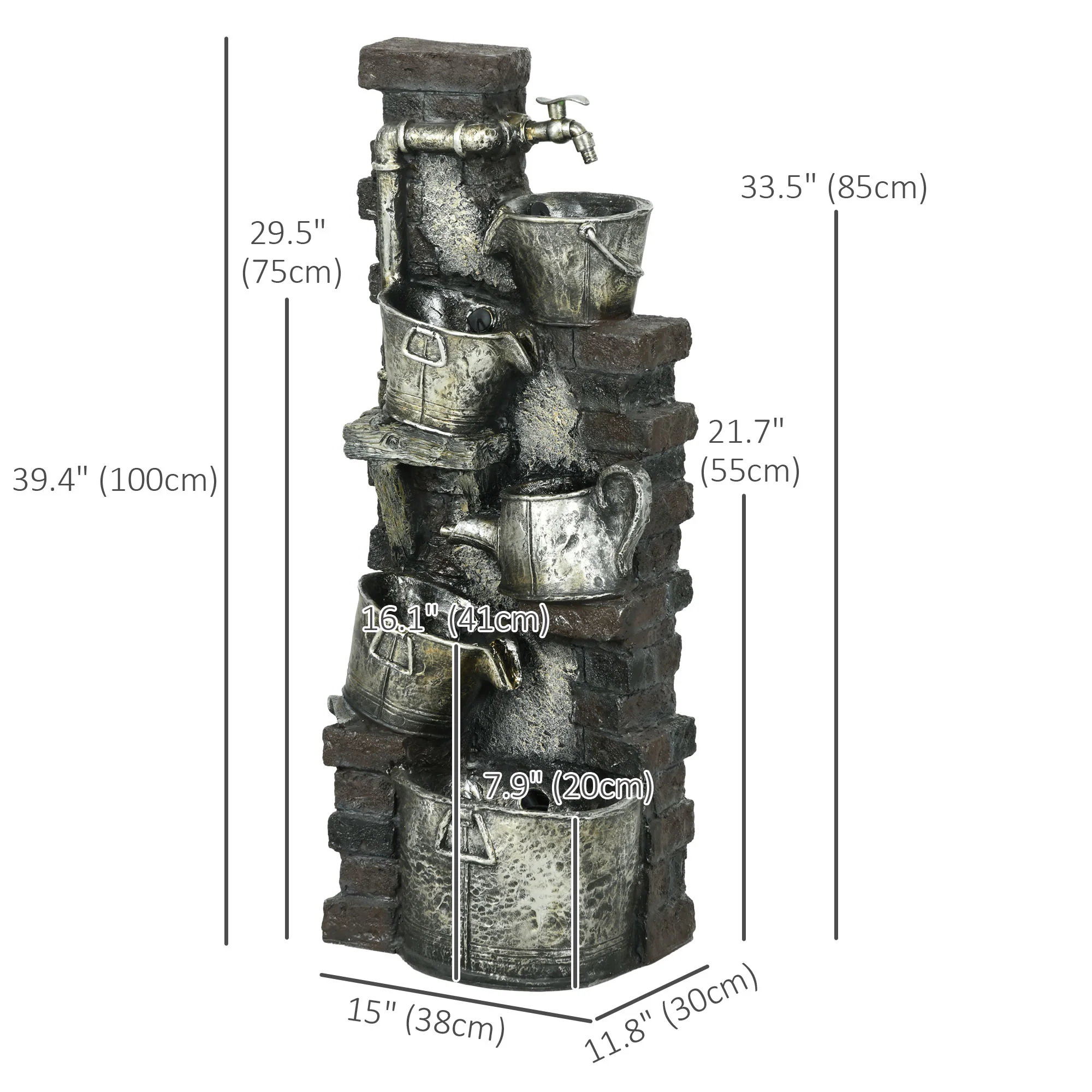 39.4" Faucet & Barrel Water Fountain, 5-Tier Cascading Waterfall Fountain with LED Lights - Image 5