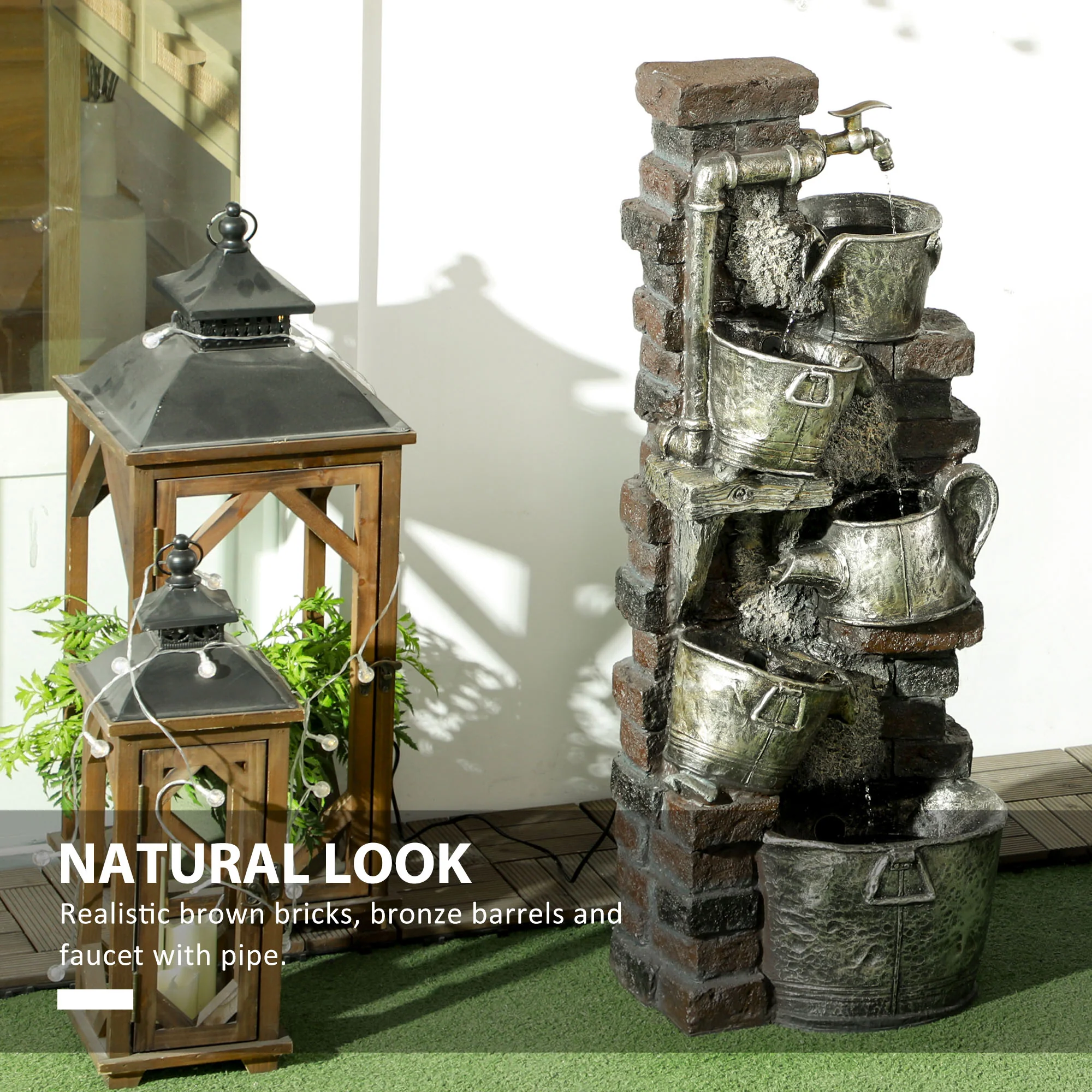 39.4" Faucet & Barrel Water Fountain, 5-Tier Cascading Waterfall Fountain with LED Lights - Image 8