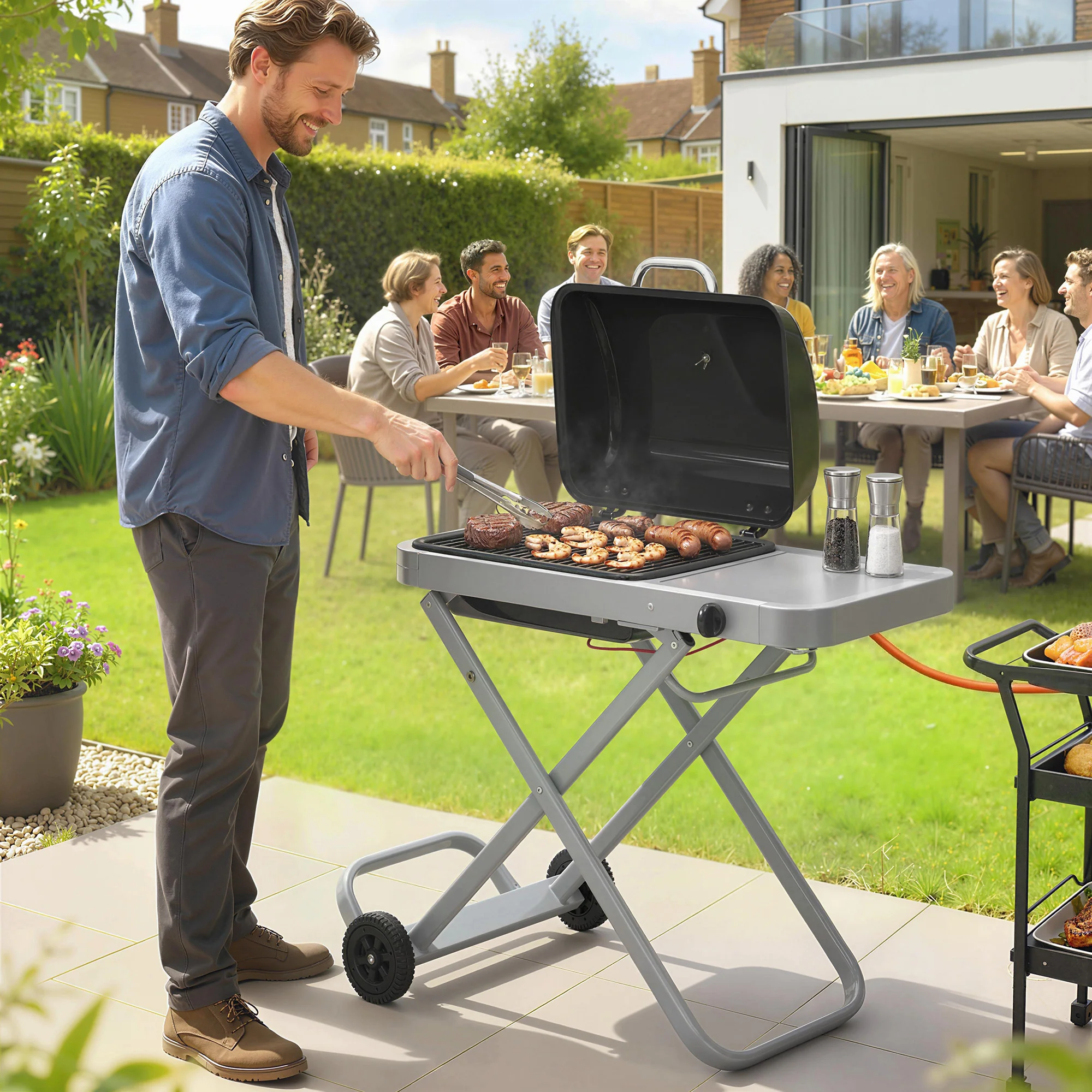 Foldable Gas BBQ Grill with Side Table & Trolley, Grease Box, 2.5 kW, Black - Image 3