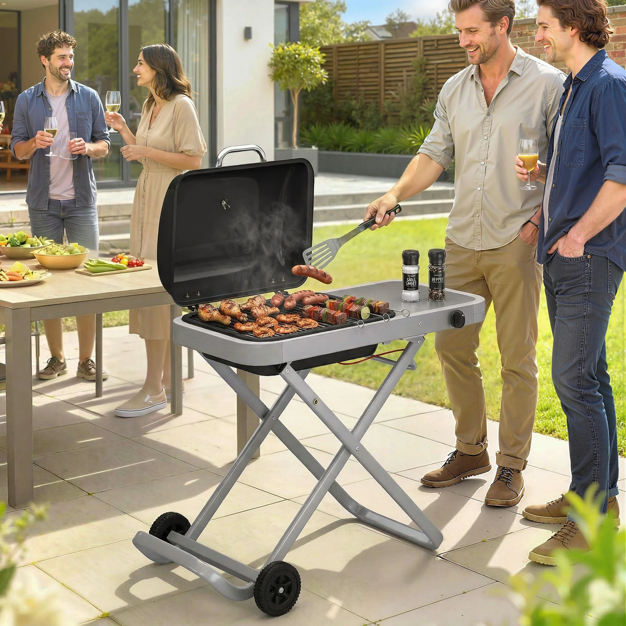 Foldable Gas BBQ Grill with Side Table & Trolley, Grease Box, 2.5 kW, Black - Image 4