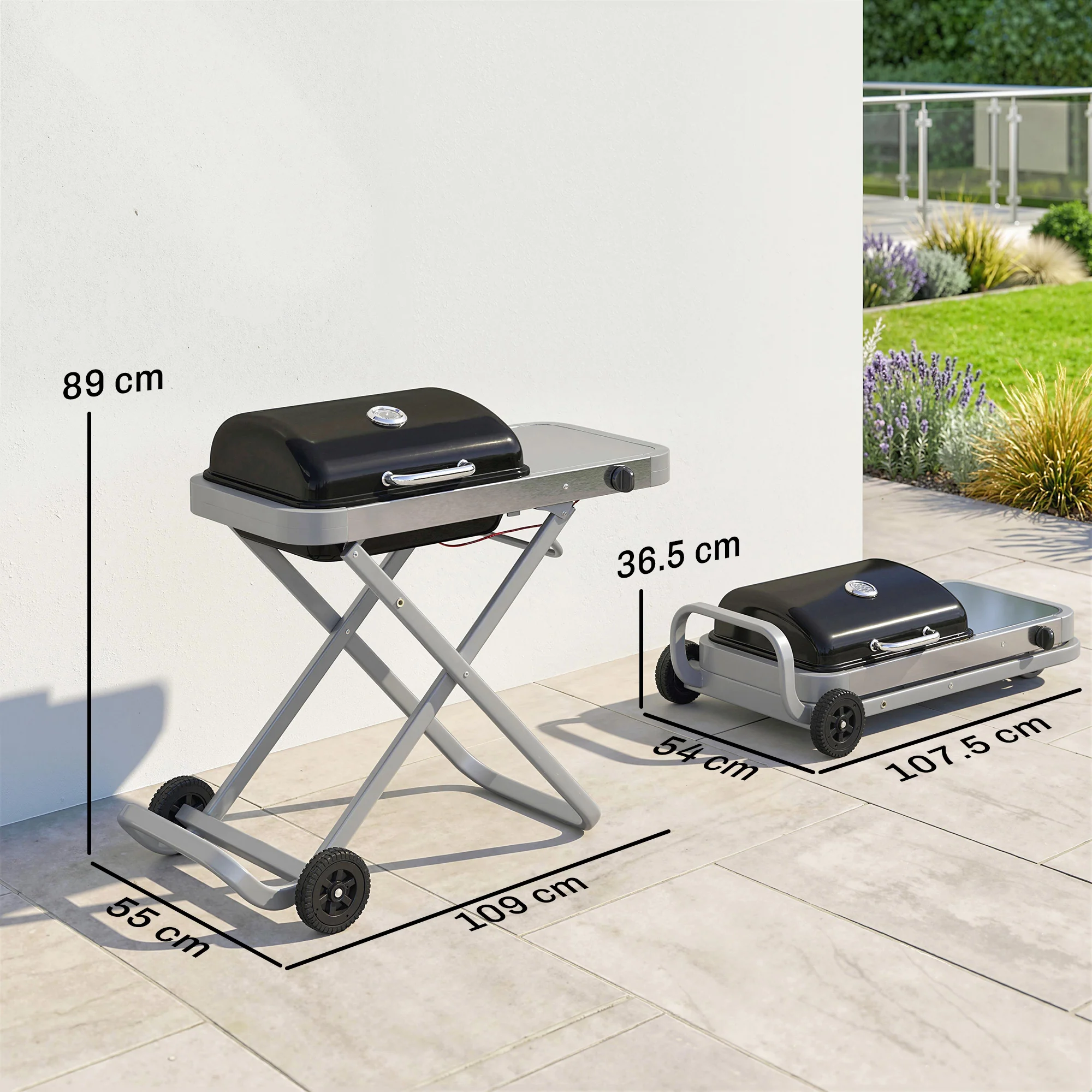 Foldable Gas BBQ Grill with Side Table & Trolley, Grease Box, 2.5 kW, Black - Image 5