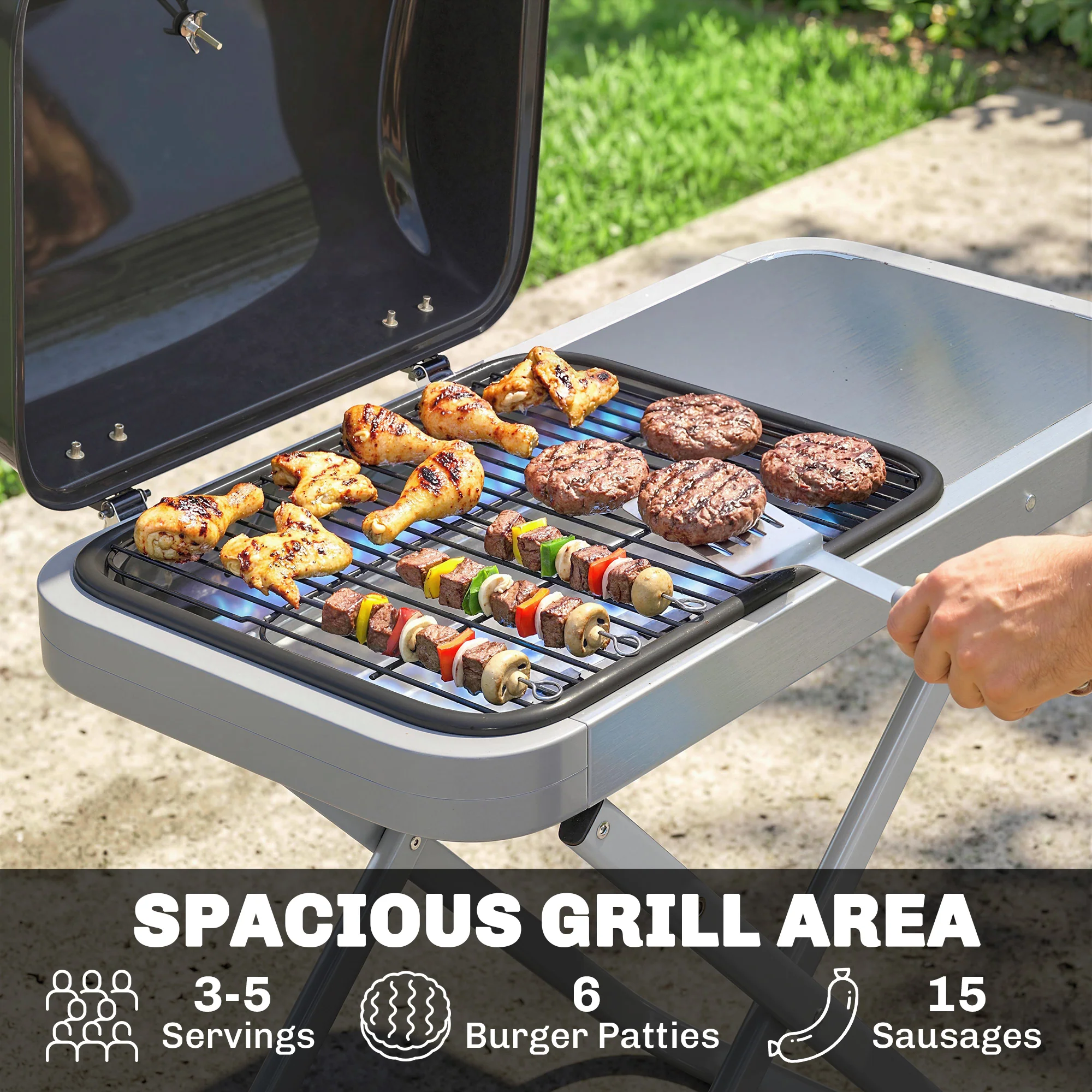 Foldable Gas BBQ Grill with Side Table & Trolley, Grease Box, 2.5 kW, Black - Image 7
