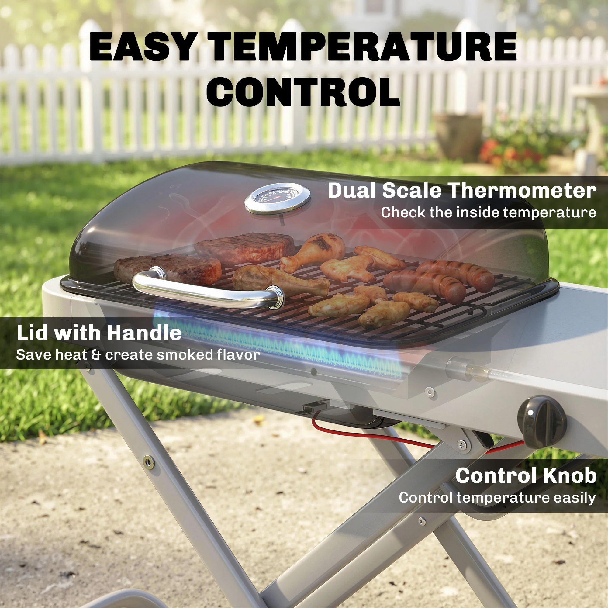 Foldable Gas BBQ Grill with Side Table & Trolley, Grease Box, 2.5 kW, Black - Image 8