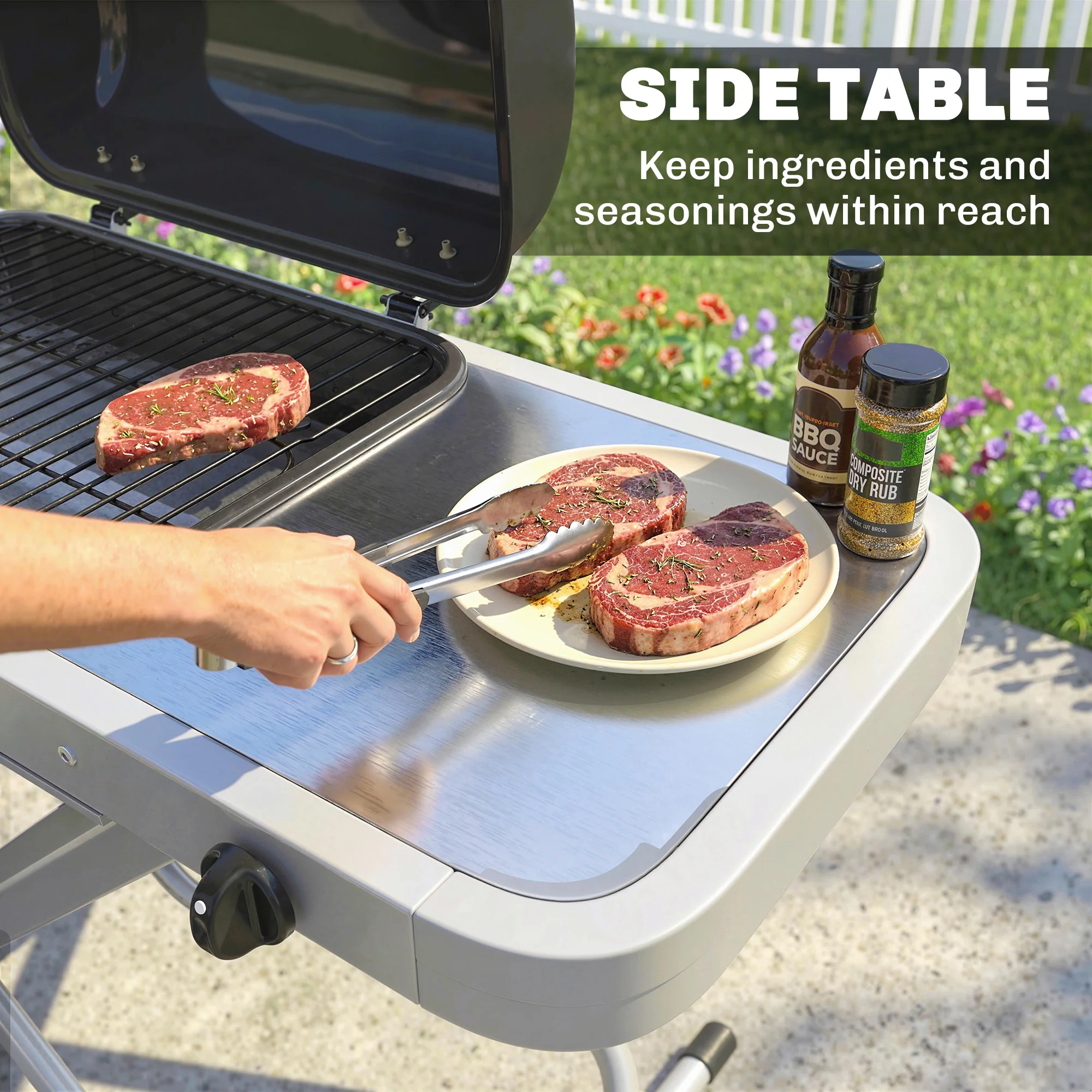 Foldable Gas BBQ Grill with Side Table & Trolley, Grease Box, 2.5 kW, Black - Image 9