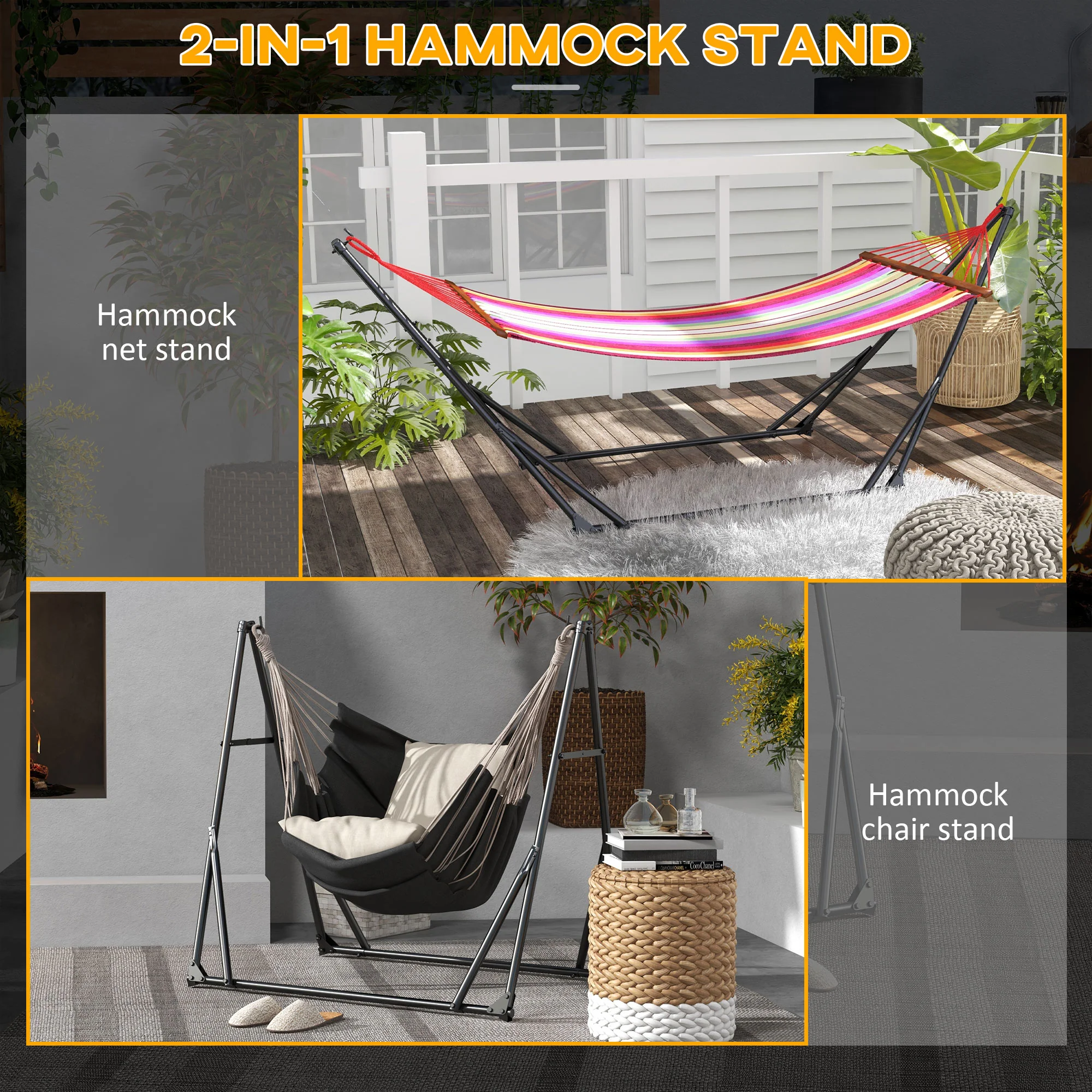 Foldable Hammock Stand, Portable Hammock with Metal Frame, 2 in 1 Hammock Net Stand, Hammock Chair Stand with Carry Bag, Load Capacity 120kg, for Patio, Garden, Yard, Black - Image 6