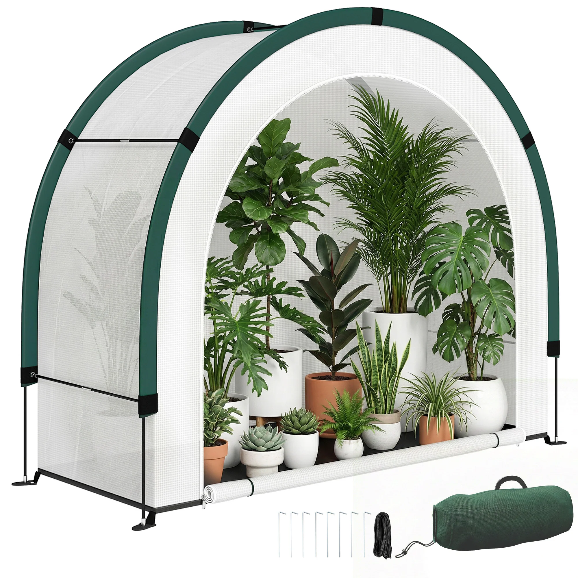 Foldable Small Greenhouse with Zipper Door, 200 x 80 x 164 cm, Green