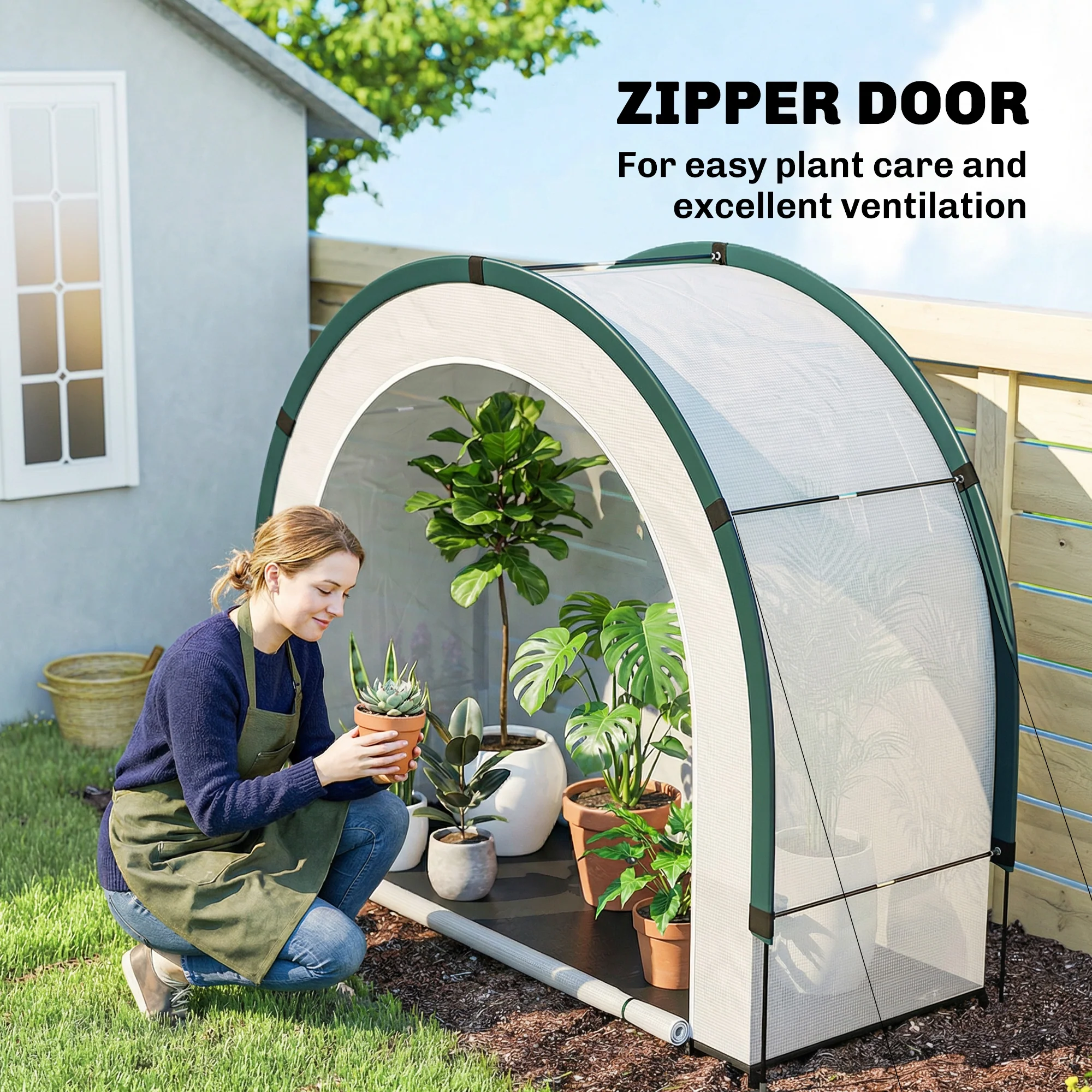 Foldable Small Greenhouse with Zipper Door, 200 x 80 x 164 cm, Green - Image 10