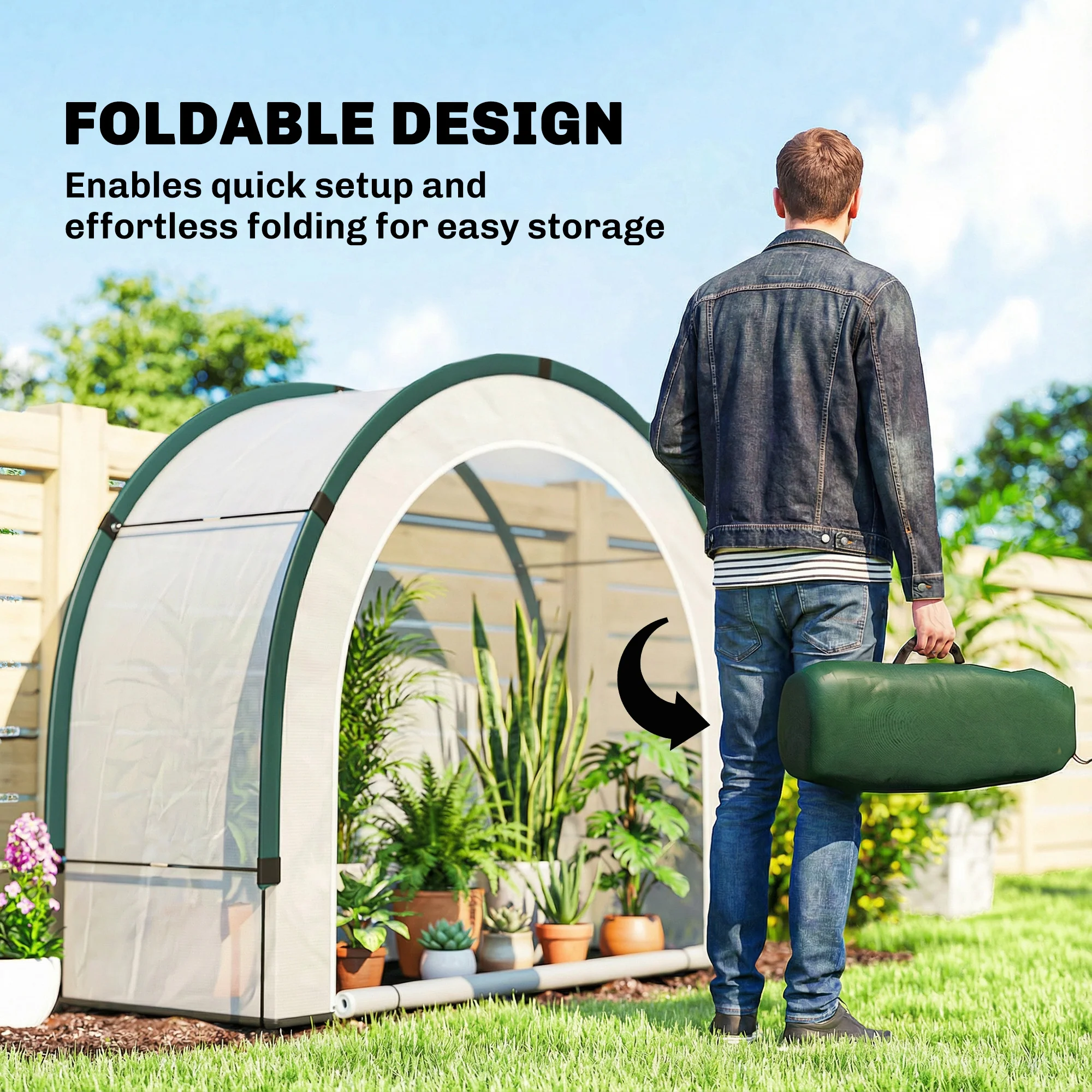 Foldable Small Greenhouse with Zipper Door, 200 x 80 x 164 cm, Green - Image 6