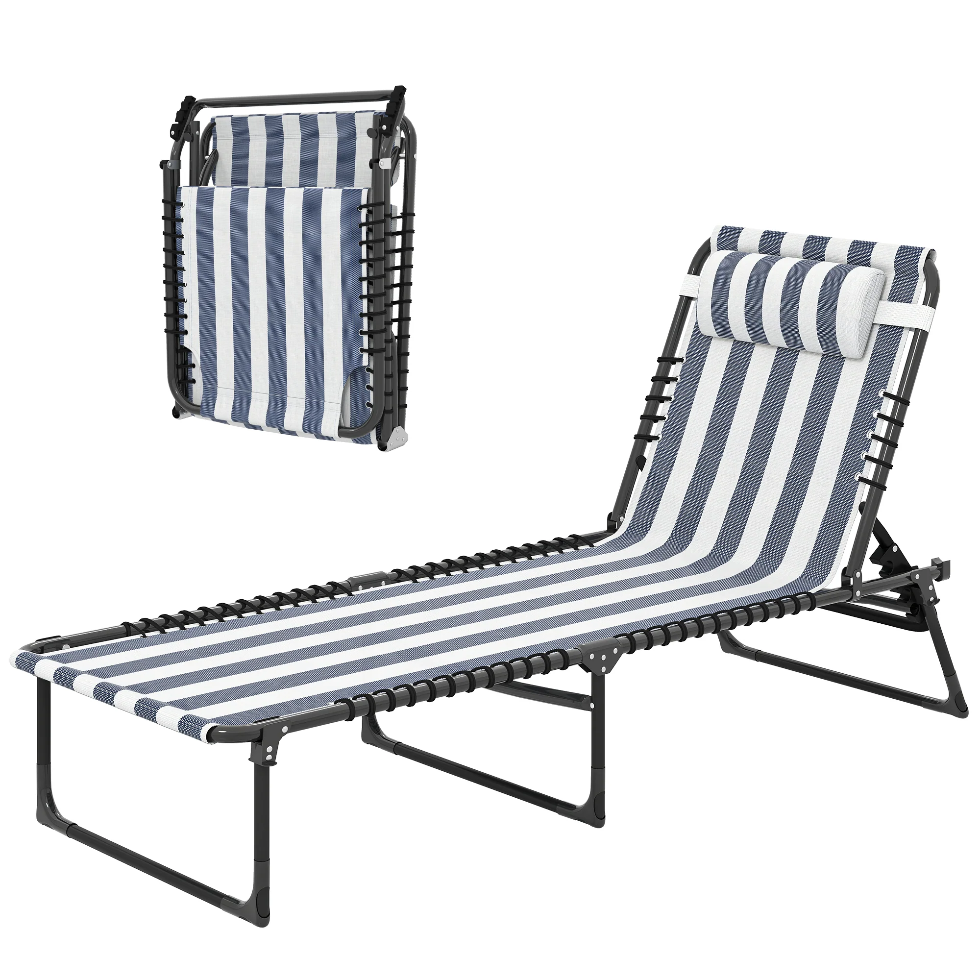 Folding Chaise Lounge Chair with 4-Position Reclining Back for Beach, Poolside, Yard, Blue and White - Image 2