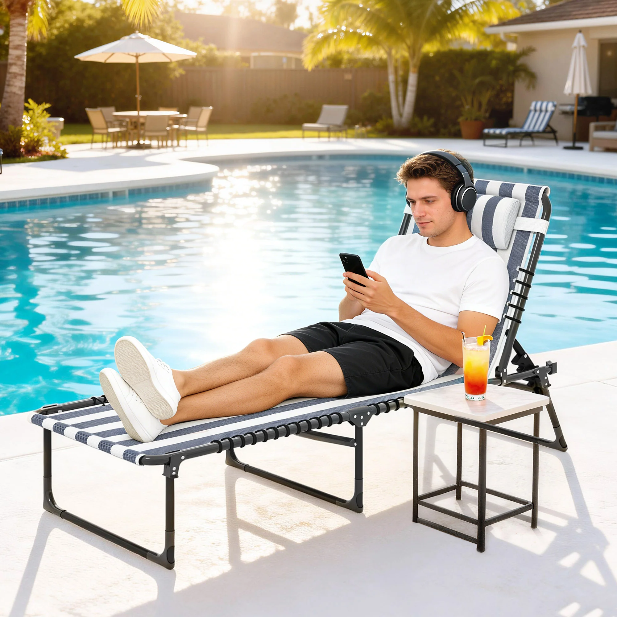 Folding Chaise Lounge Chair with 4-Position Reclining Back for Beach, Poolside, Yard, Blue and White - Image 4