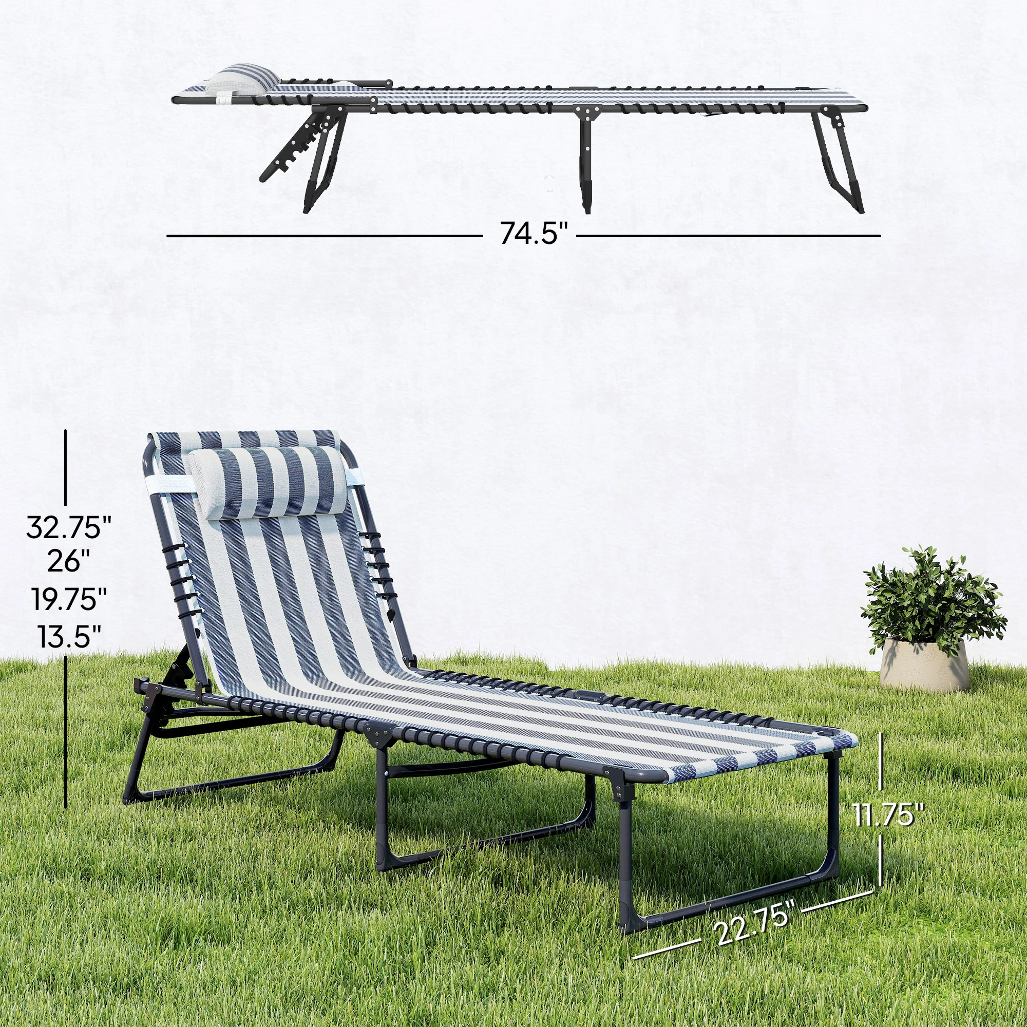 Folding Chaise Lounge Chair with 4-Position Reclining Back for Beach, Poolside, Yard, Blue and White - Image 5