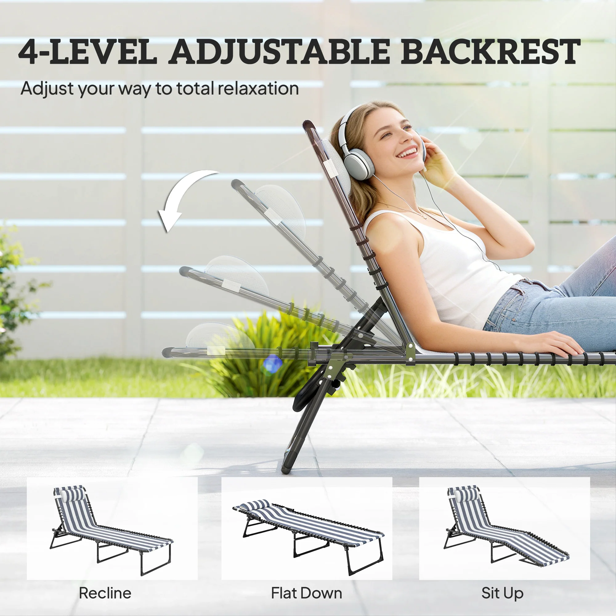 Folding Chaise Lounge Chair with 4-Position Reclining Back for Beach, Poolside, Yard, Blue and White - Image 6