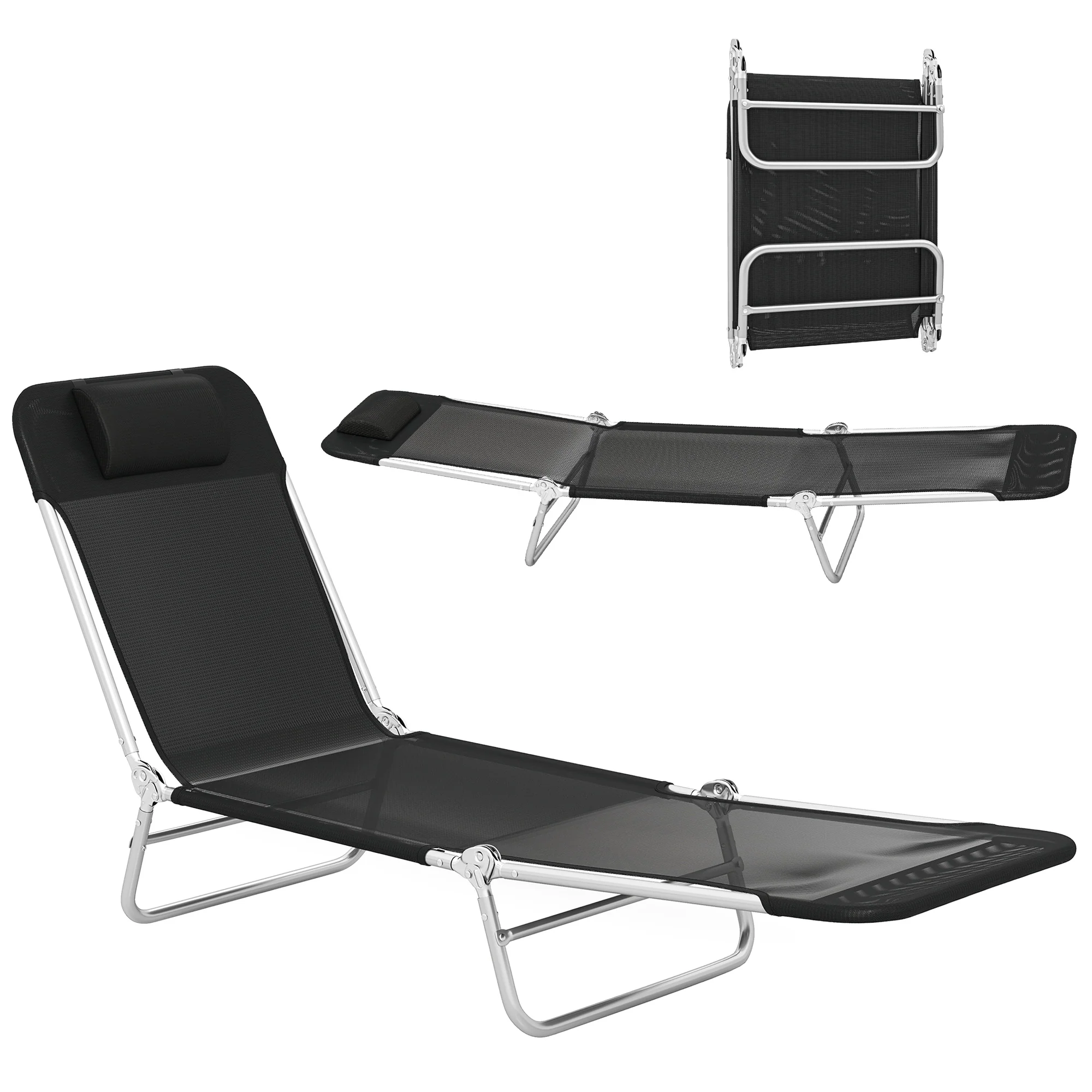 Folding Chaise Lounge Chair with Reclining Back, Breathable Mesh Seat, Headrest for Beach, Yard, Patio, Black