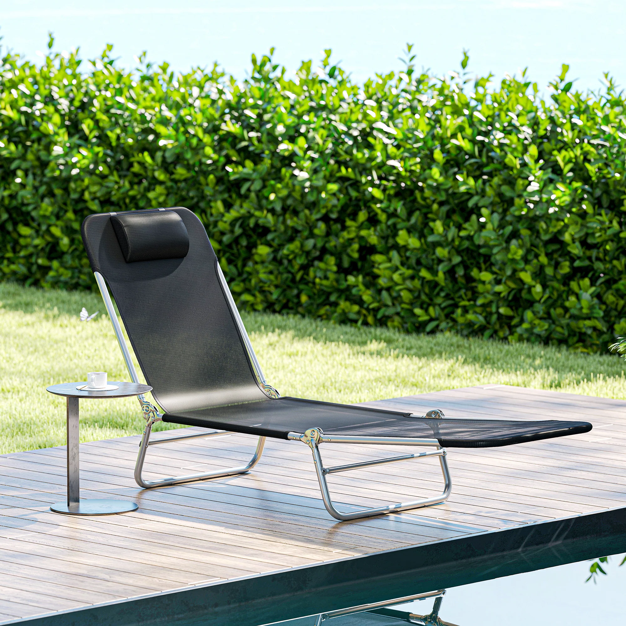 Folding Chaise Lounge Chair with Reclining Back, Breathable Mesh Seat, Headrest for Beach, Yard, Patio, Black - Image 11