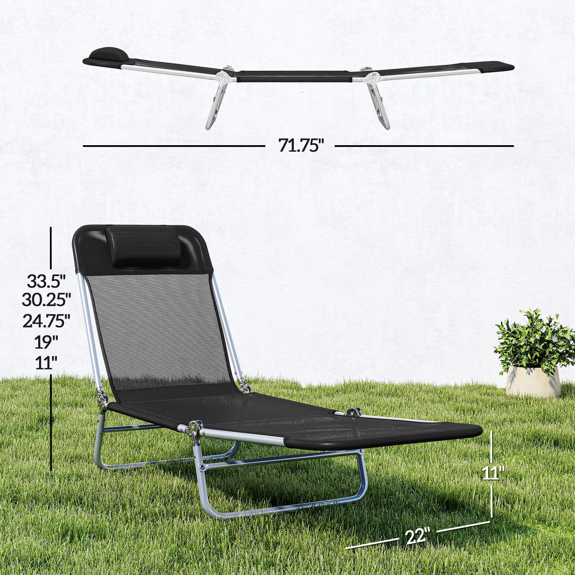 Folding Chaise Lounge Chair with Reclining Back, Breathable Mesh Seat, Headrest for Beach, Yard, Patio, Black - Image 5