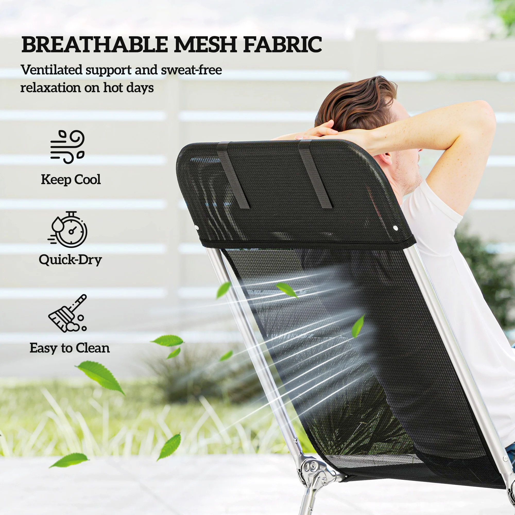 Folding Chaise Lounge Chair with Reclining Back, Breathable Mesh Seat, Headrest for Beach, Yard, Patio, Black - Image 7