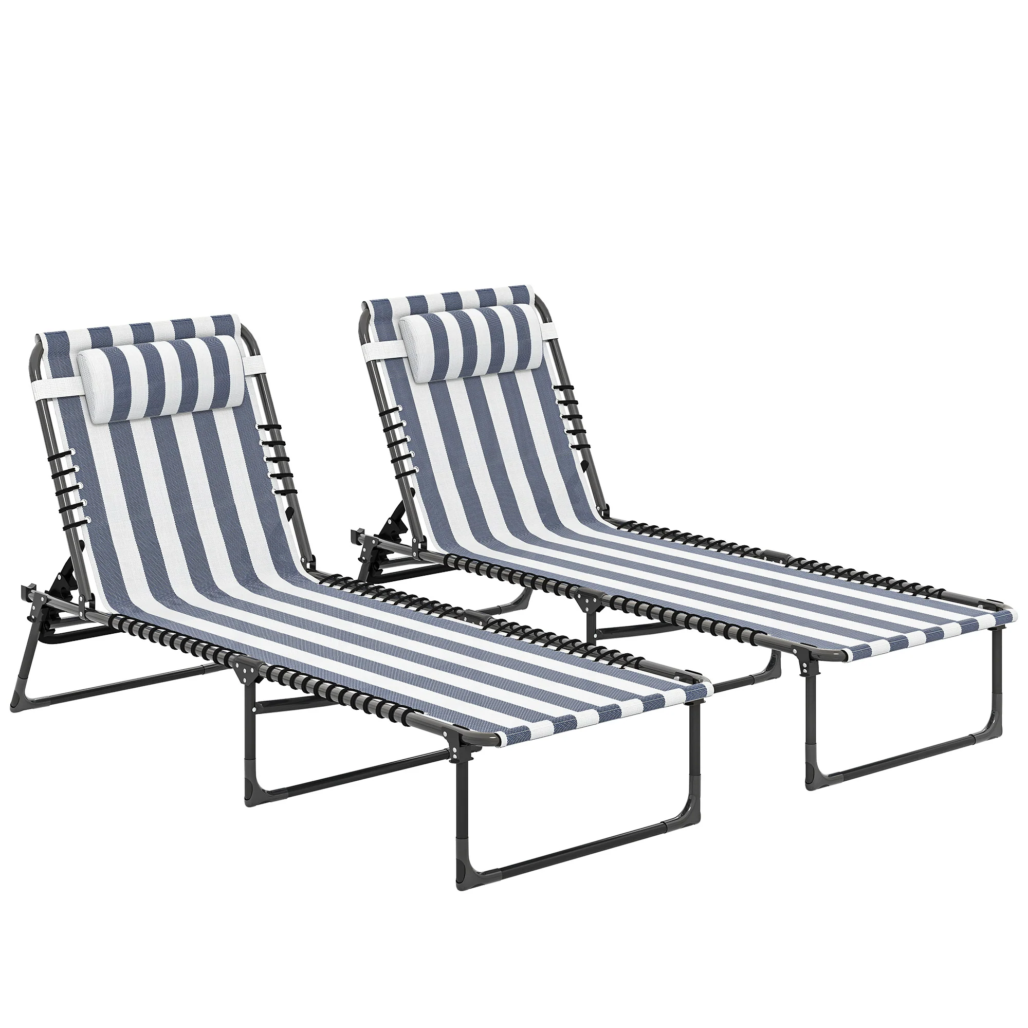 Folding Chaise Lounge Chair Set of 2 with 4-Position Reclining Back for Beach, Poolside, Yard, Blue and White