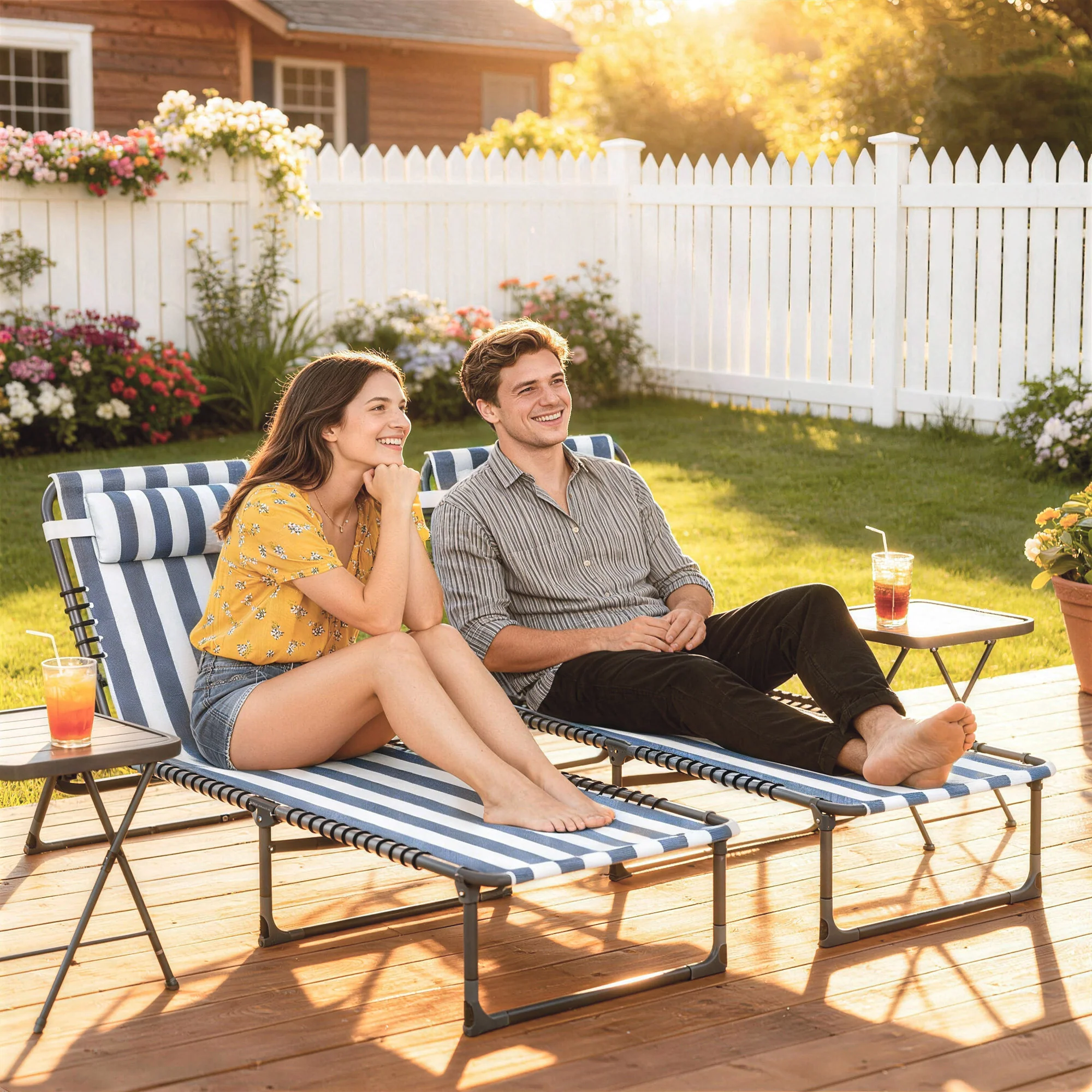 Folding Chaise Lounge Chair Set of 2 with 4-Position Reclining Back for Beach, Poolside, Yard, Blue and White - Image 10