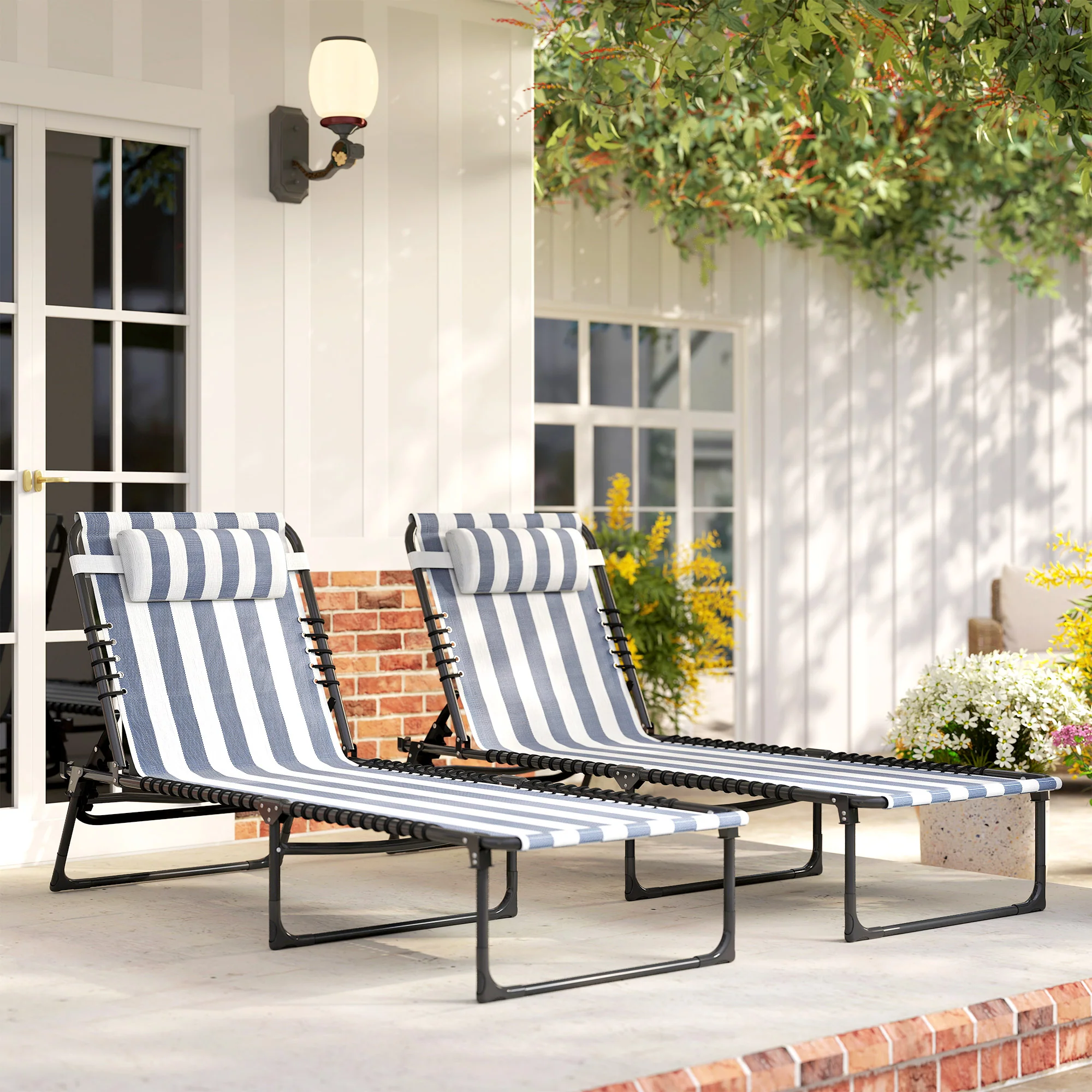 Folding Chaise Lounge Chair Set of 2 with 4-Position Reclining Back for Beach, Poolside, Yard, Blue and White - Image 11