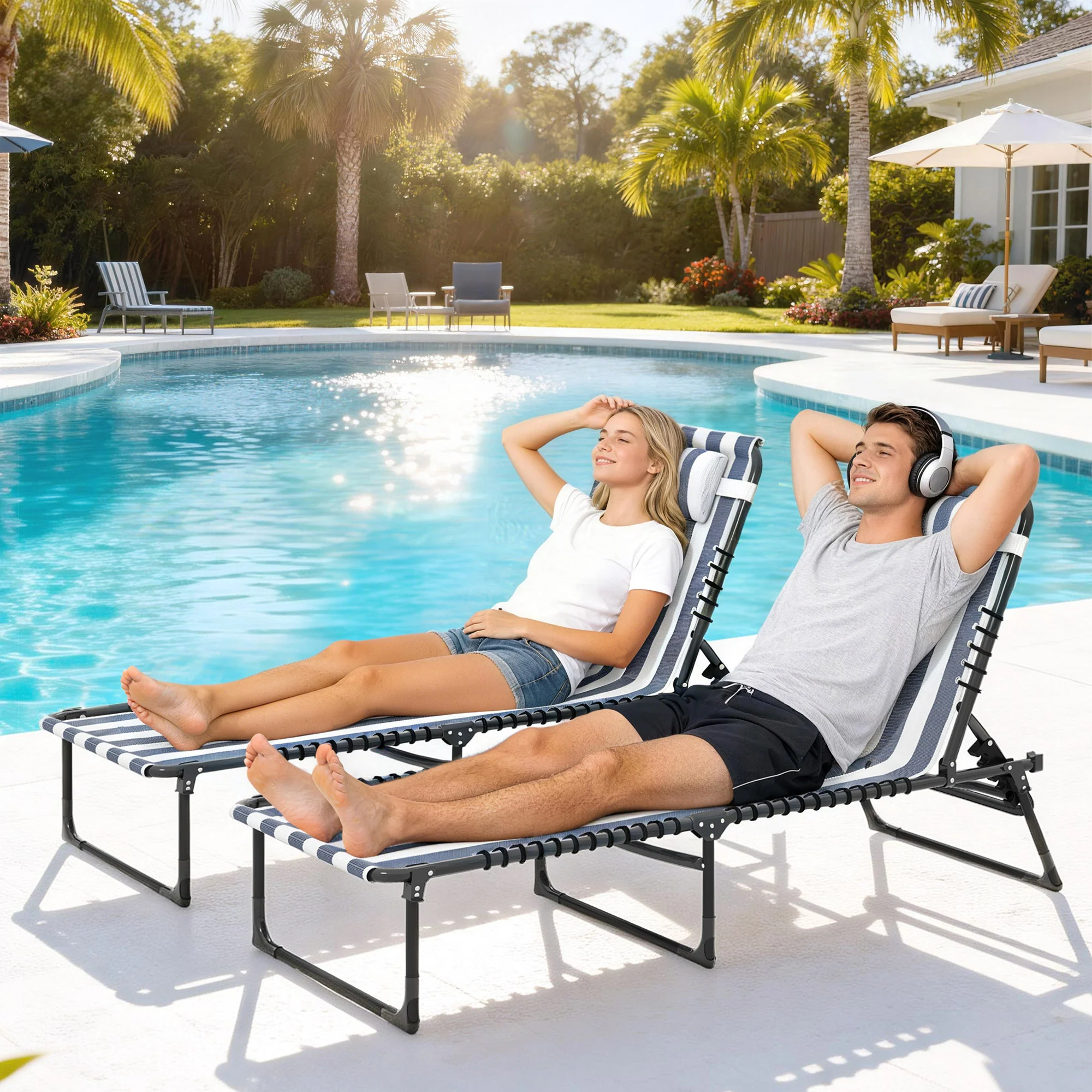 Folding Chaise Lounge Chair Set of 2 with 4-Position Reclining Back for Beach, Poolside, Yard, Blue and White - Image 4