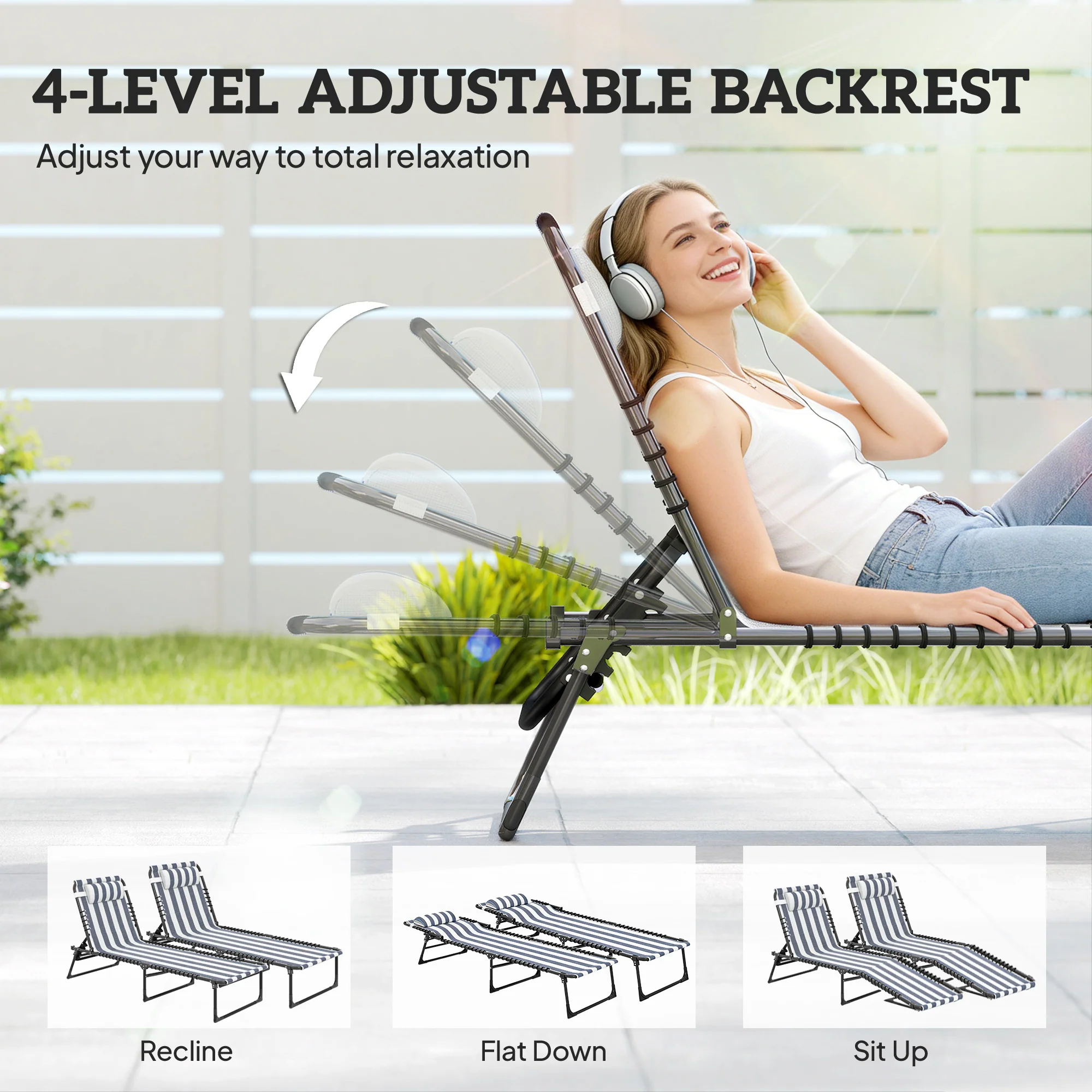 Folding Chaise Lounge Chair Set of 2 with 4-Position Reclining Back for Beach, Poolside, Yard, Blue and White - Image 6