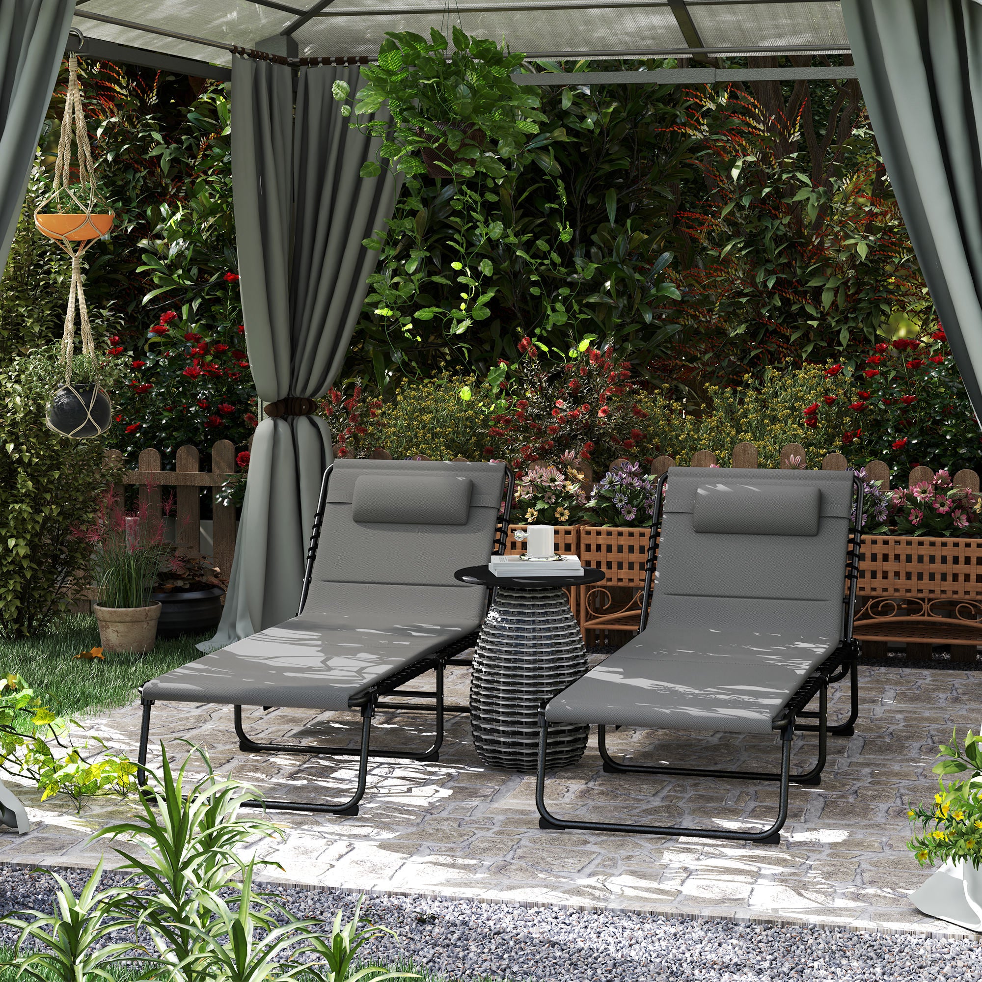 Set of 2 Outdoor Folding Chaise Lounge Chair with Headrest & Side Pocket, Light Grey - Image 3