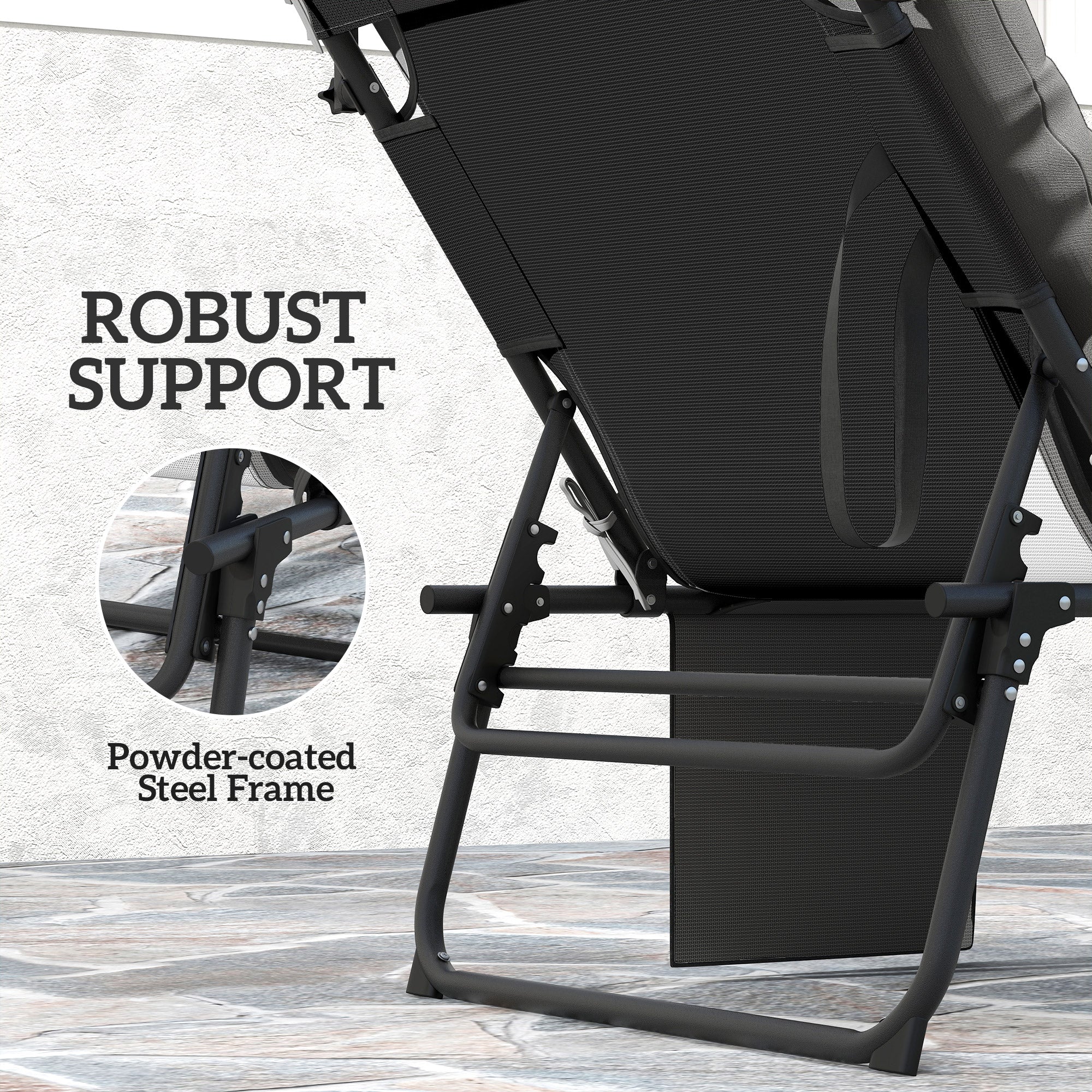 Folding Chaise Lounge Chair with Cushion, Sun Shade and Headrest, Dark Grey - Image 10