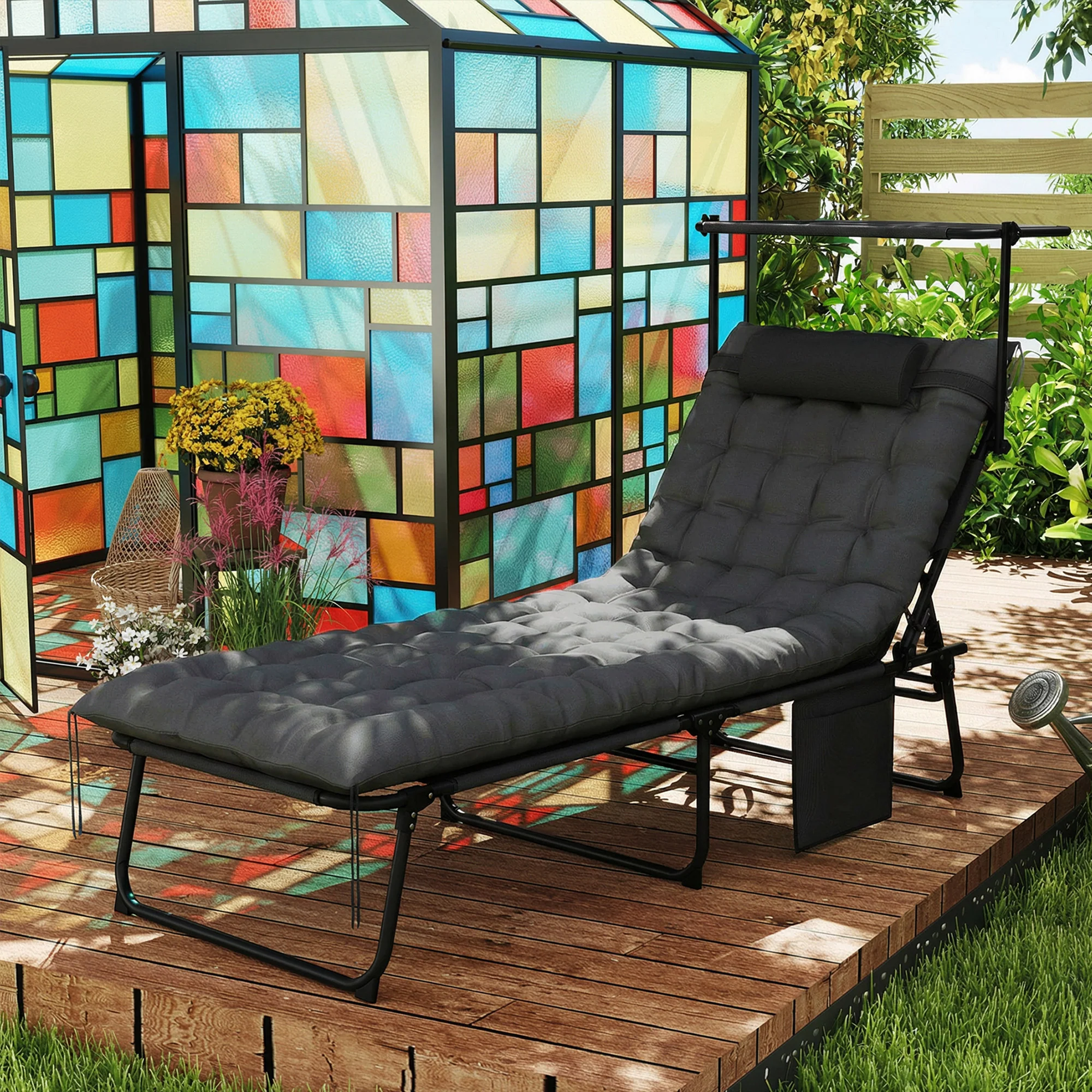 Folding Chaise Lounge Chair with Cushion, Sun Shade and Headrest, Dark Grey - Image 11