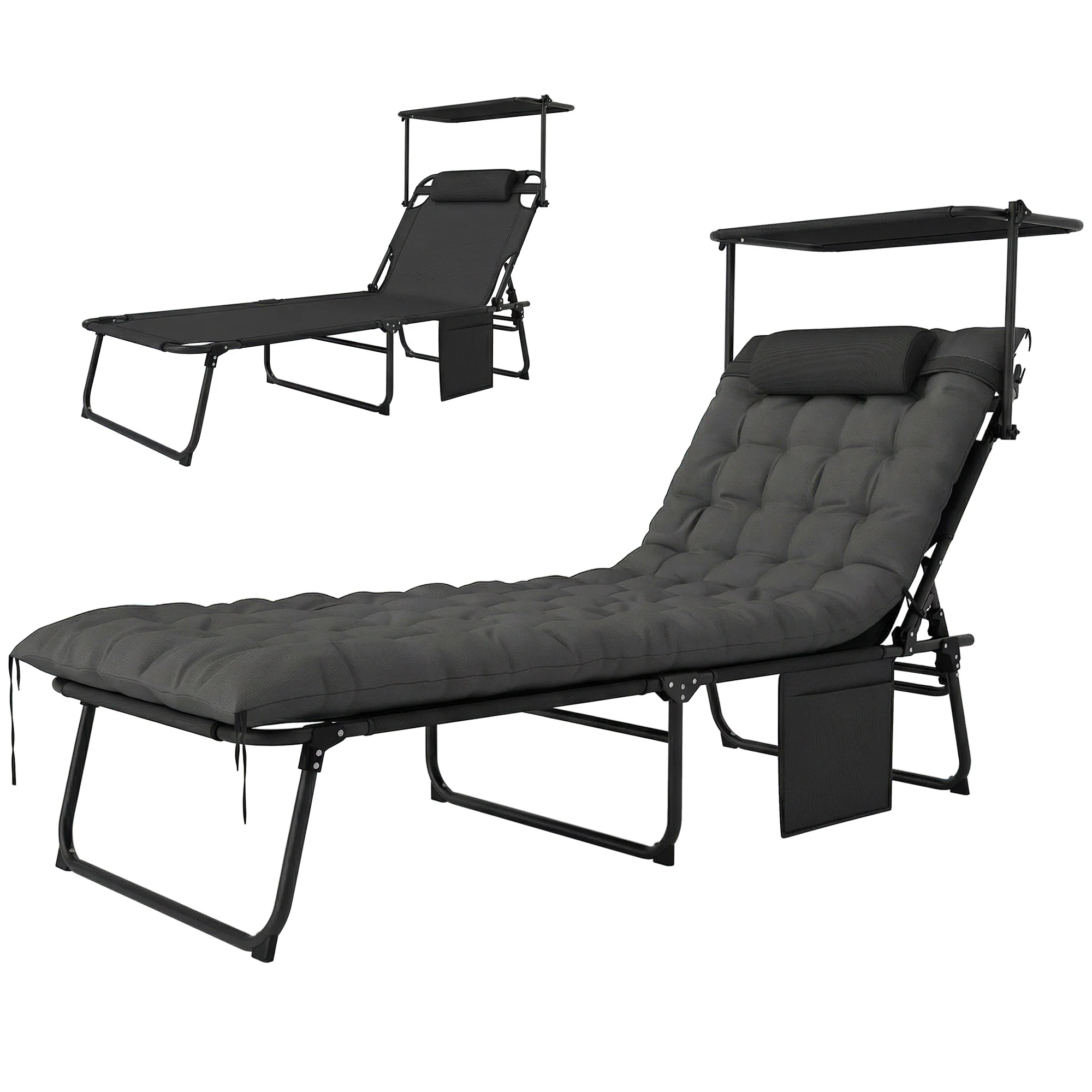 Folding Chaise Lounge Chair with Cushion, Sun Shade and Headrest, Dark Grey - Image 12