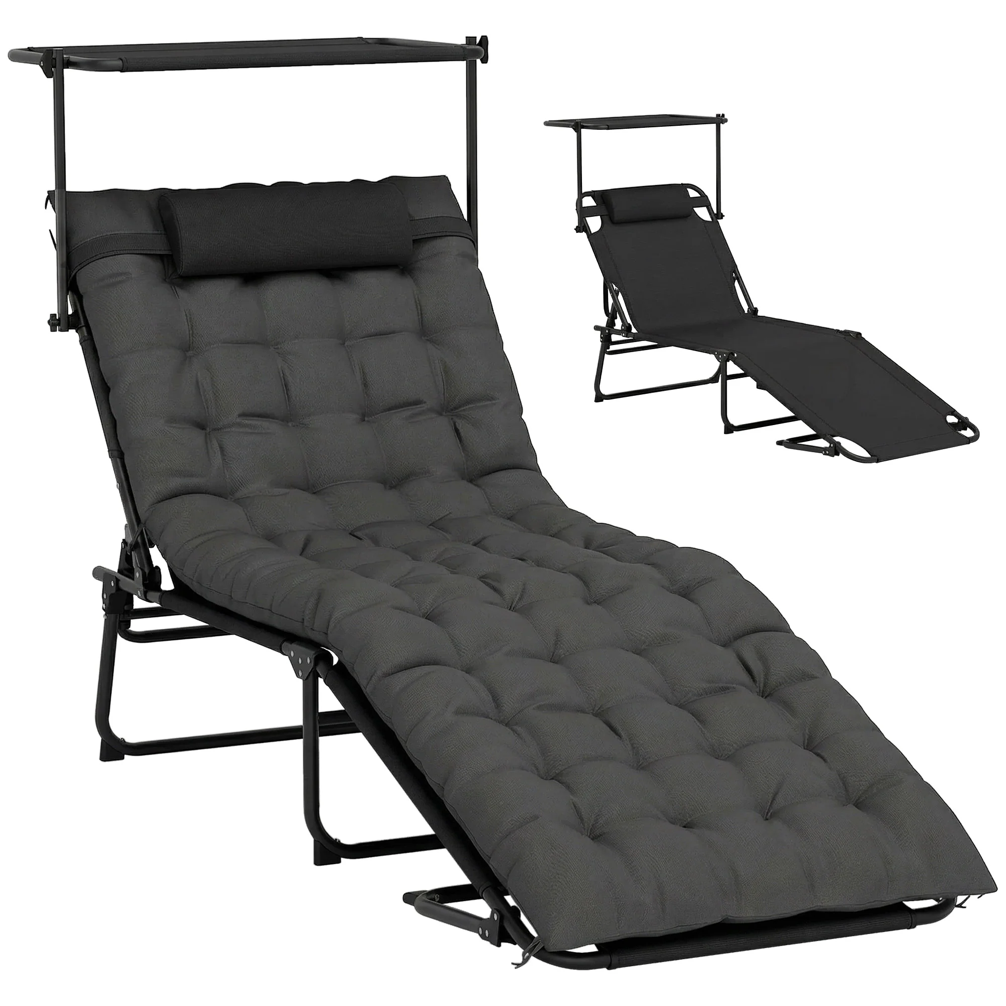 Folding Chaise Lounge Chair with Cushion, Sun Shade and Headrest, Dark Grey - Image 2
