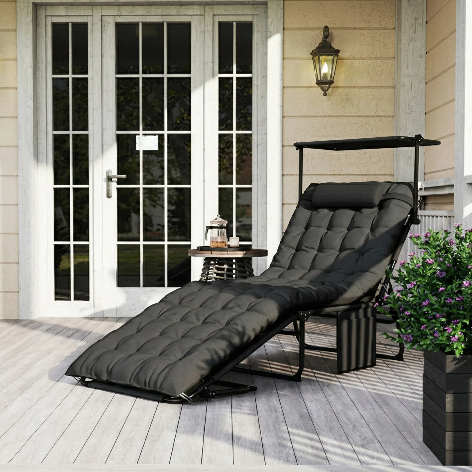 Folding Chaise Lounge Chair with Cushion, Sun Shade and Headrest, Dark Grey - Image 3