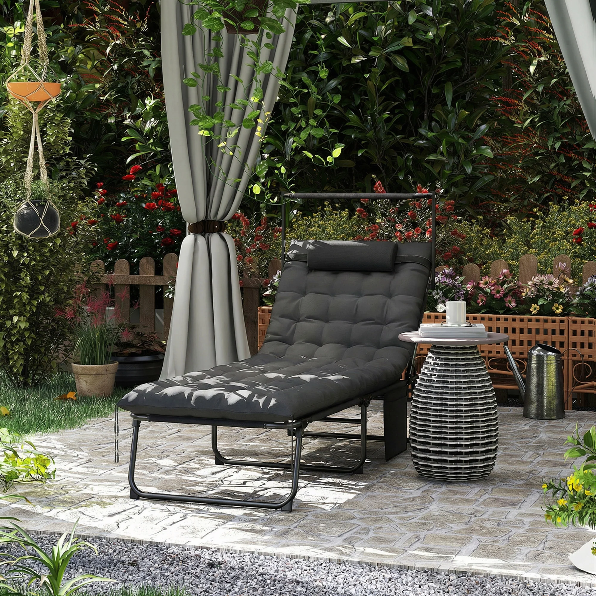 Folding Chaise Lounge Chair with Cushion, Sun Shade and Headrest, Dark Grey - Image 4