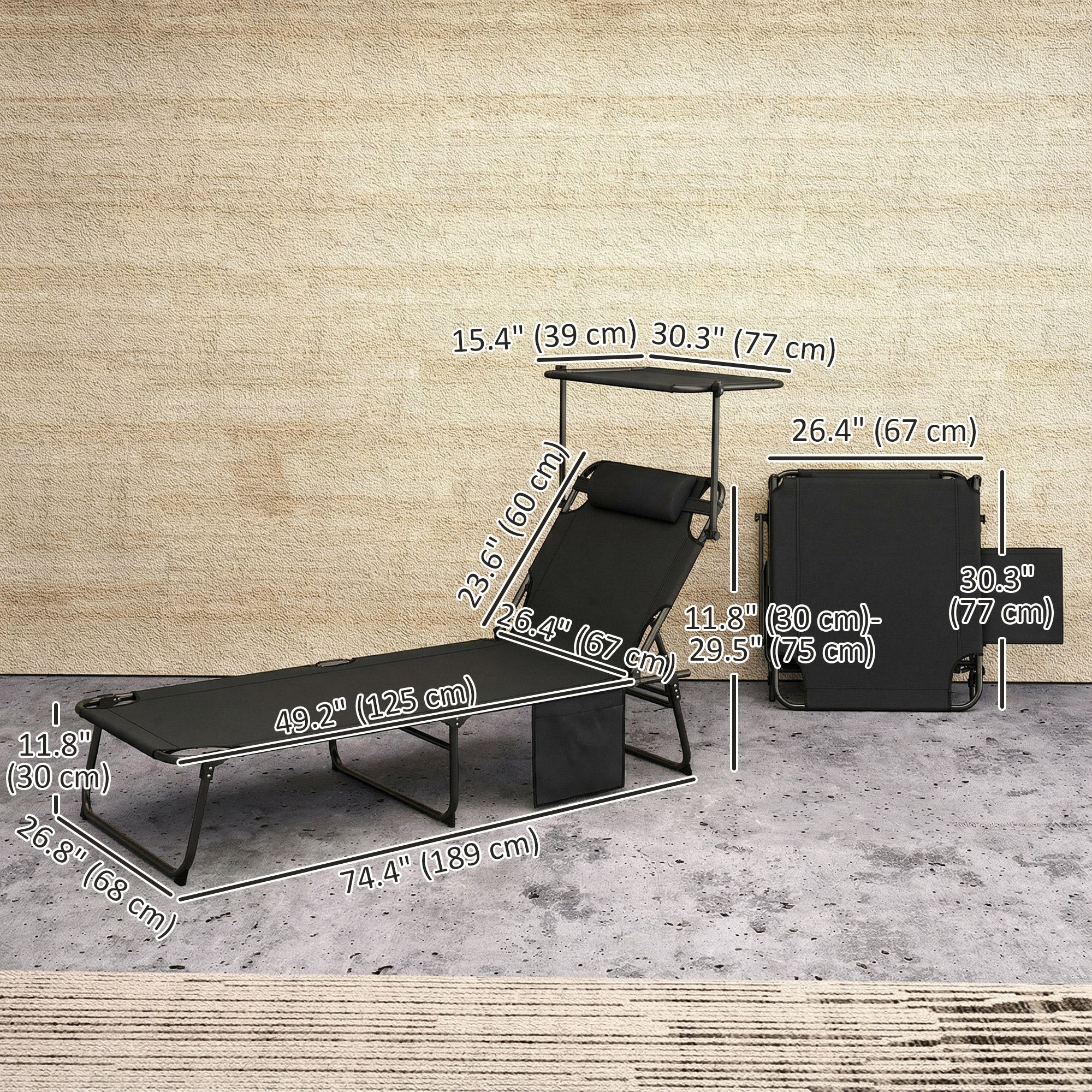 Folding Chaise Lounge Chair with Cushion, Sun Shade and Headrest, Dark Grey - Image 5