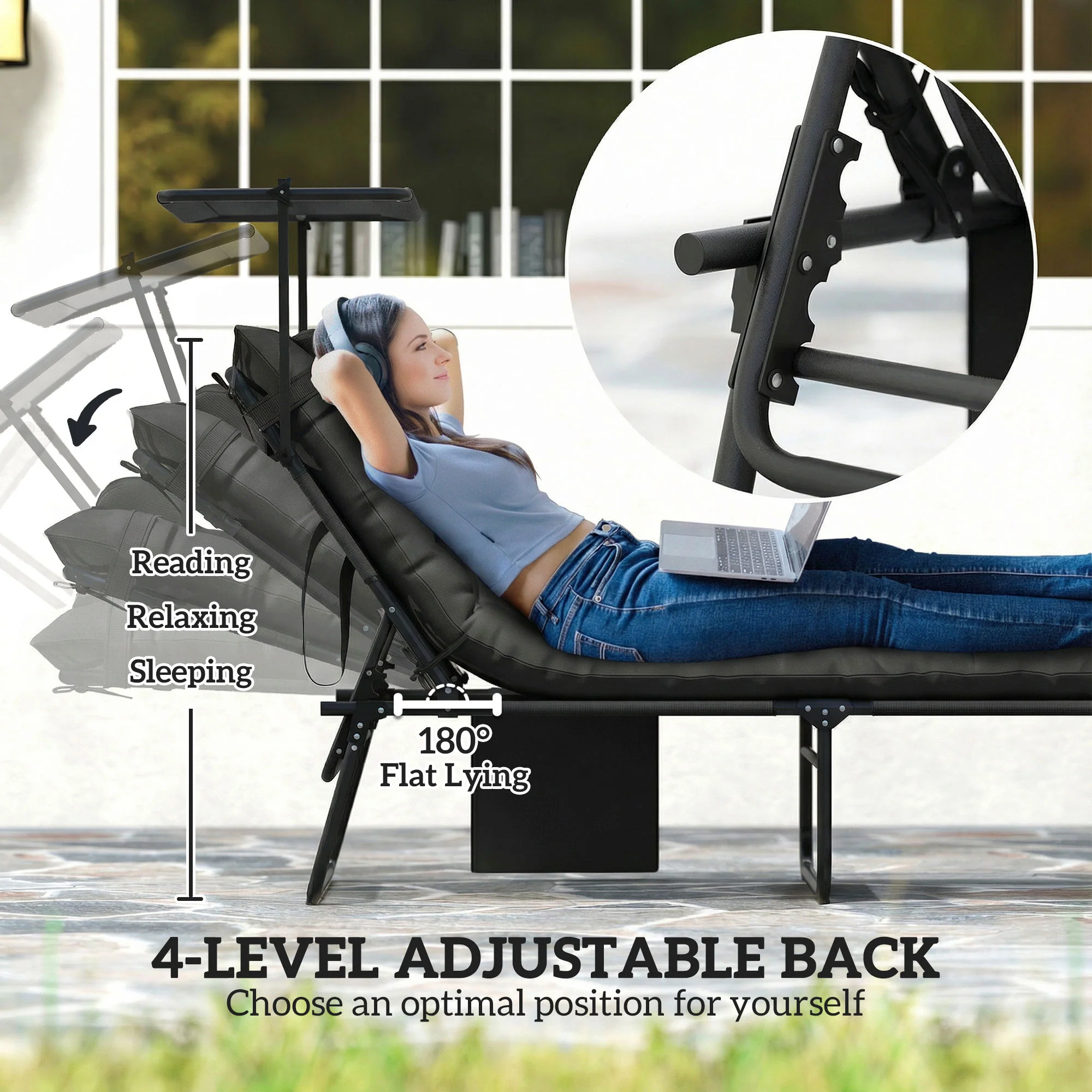 Folding Chaise Lounge Chair with Cushion, Sun Shade and Headrest, Dark Grey - Image 6