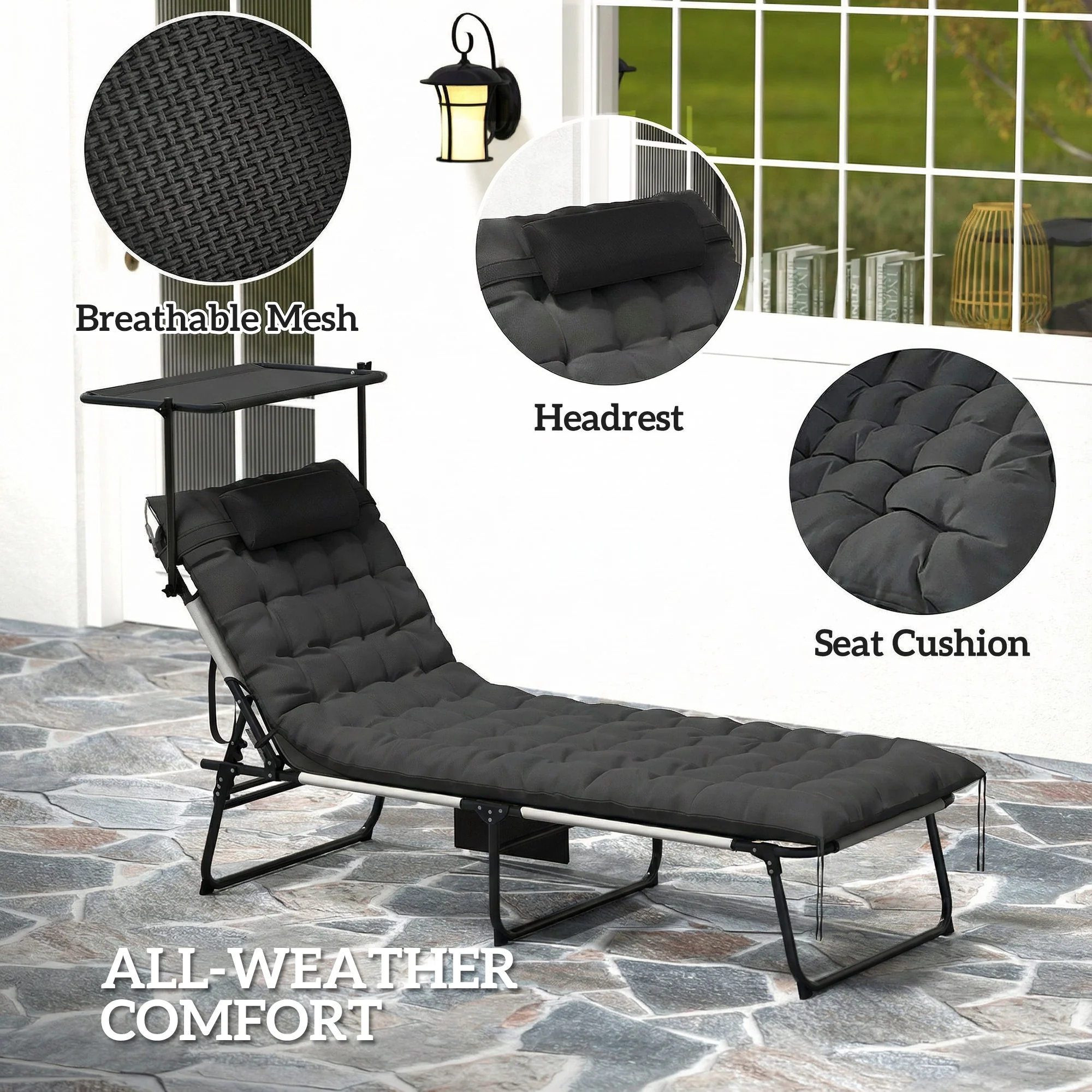 Folding Chaise Lounge Chair with Cushion, Sun Shade and Headrest, Dark Grey - Image 8