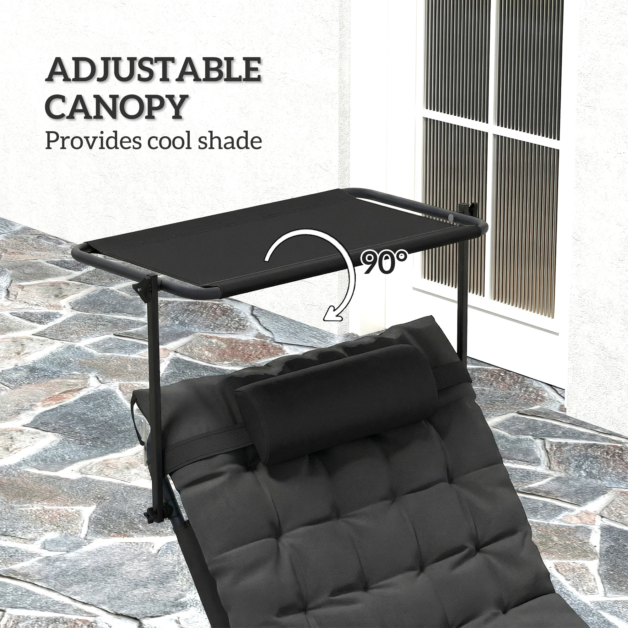 Folding Chaise Lounge Chair with Cushion, Sun Shade and Headrest, Dark Grey - Image 9