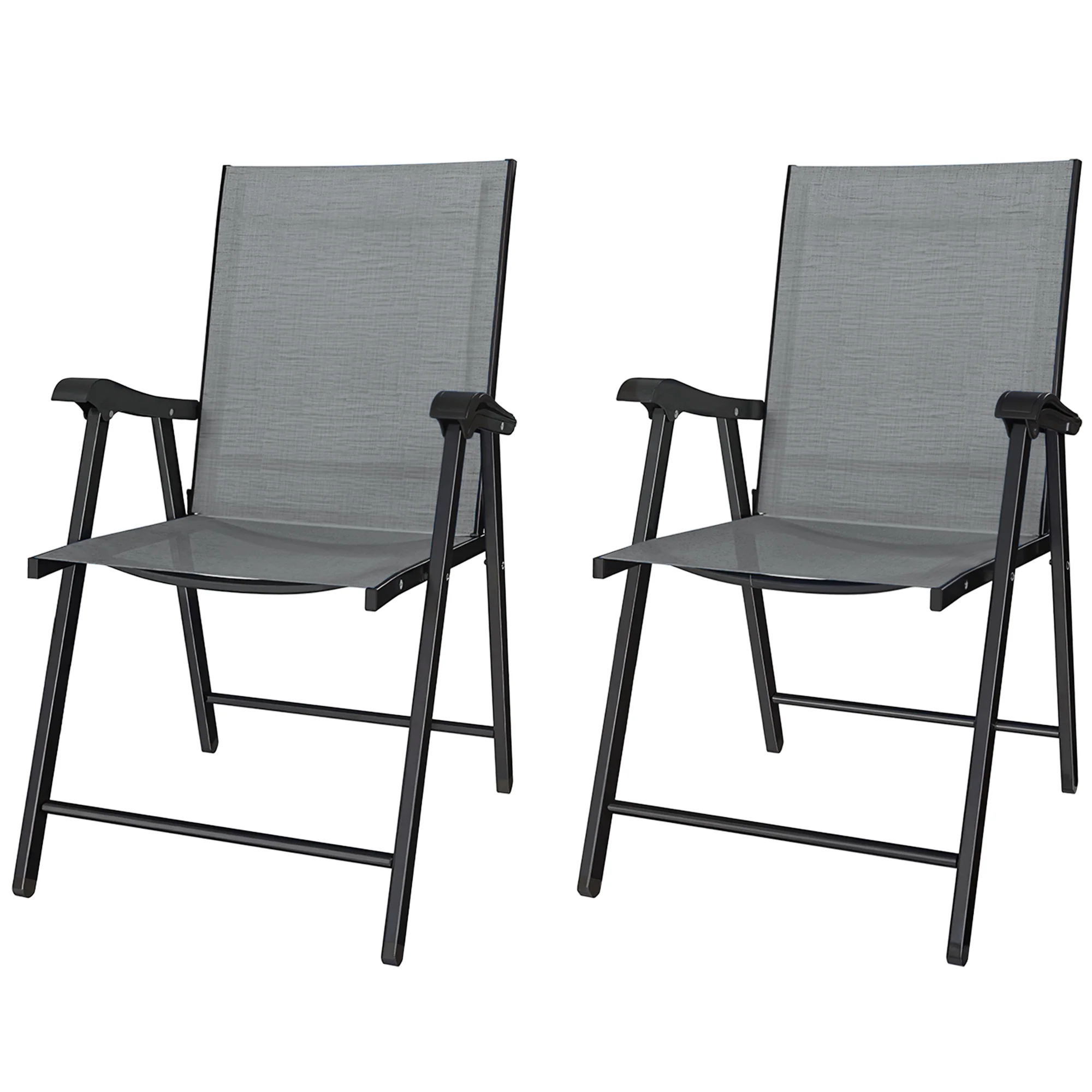Set of 2 Folding Garden Chairs with High Back and Armrests, Light Grey - Image 2