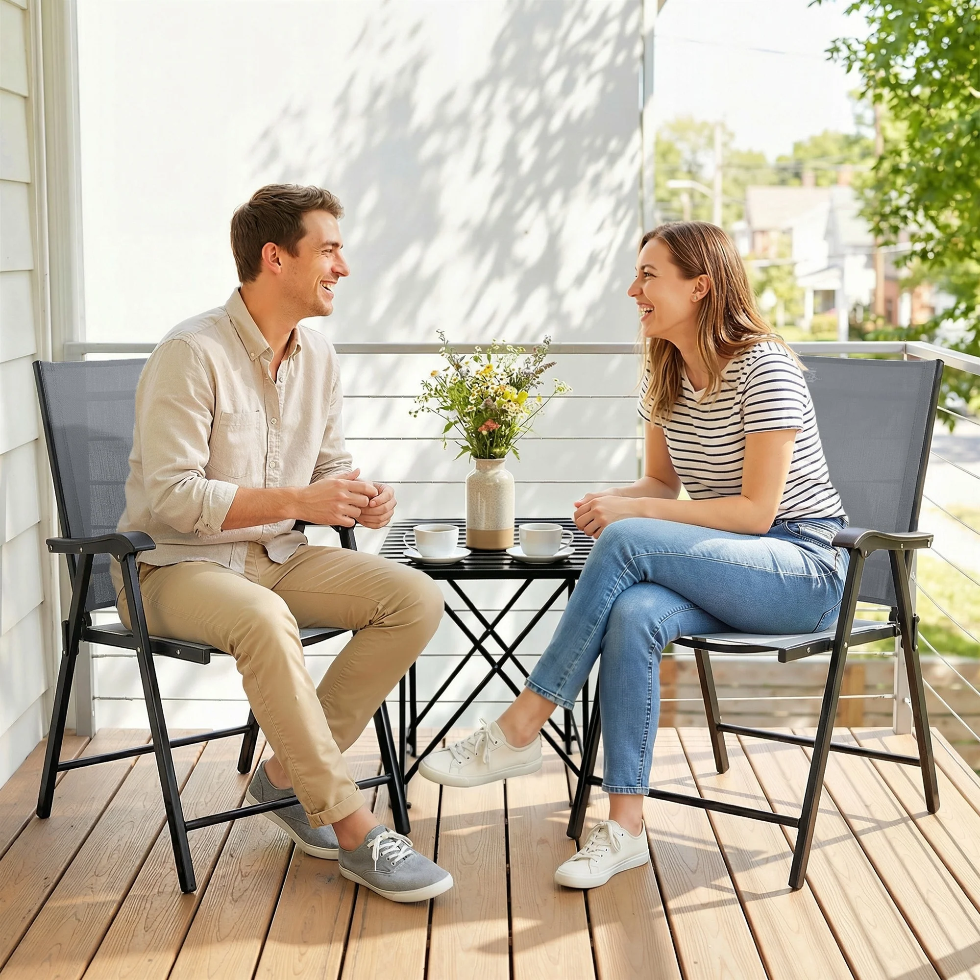 Set of 2 Folding Garden Chairs with High Back and Armrests, Light Grey - Image 4