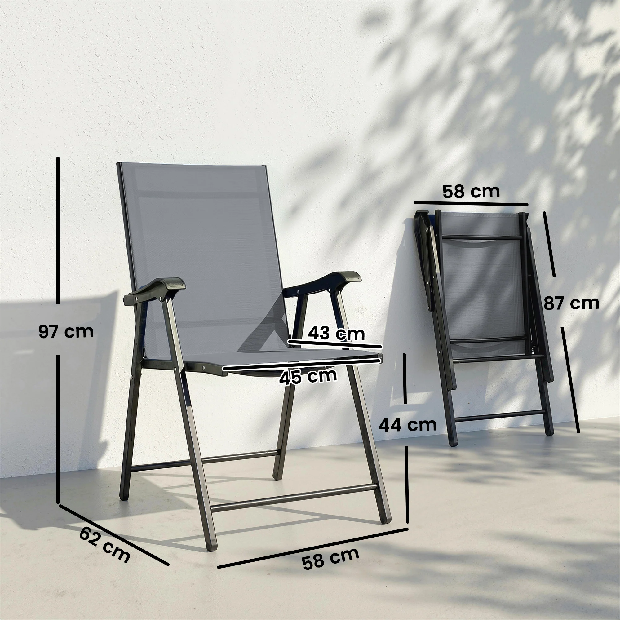 Set of 2 Folding Garden Chairs with High Back and Armrests, Light Grey - Image 5
